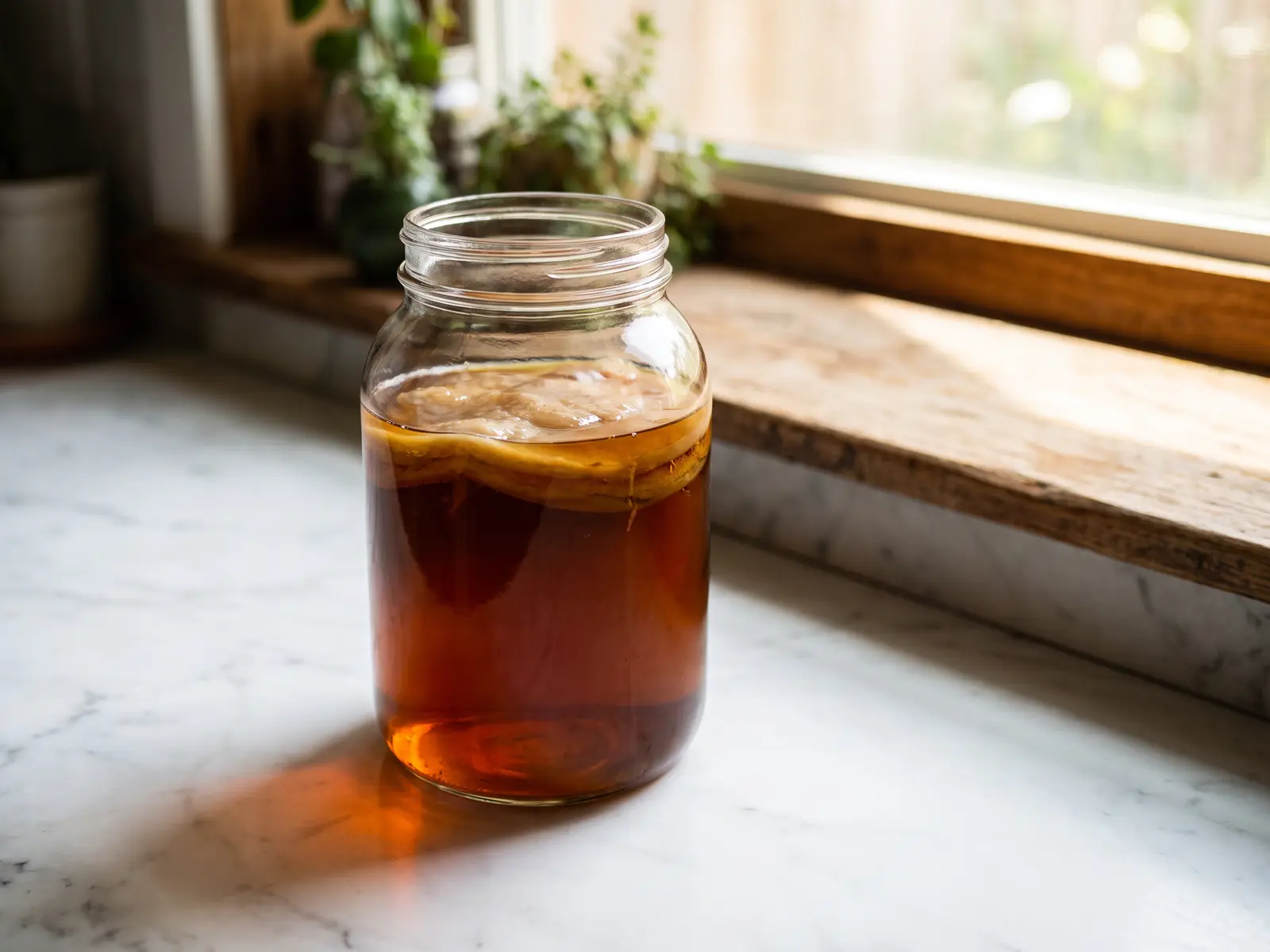 Glas mit Kombucha-SCOBY am Fenster, bernsteinfarbener Tee spiegelt sich auf hellem Marmor.