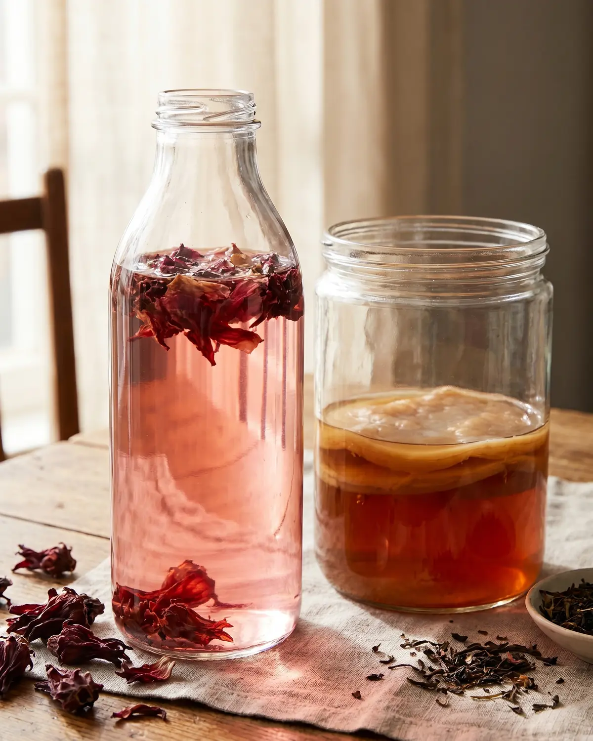 kombucha durchfall Etikettlose Kombucha-Flasche mit Hibiskus in zartem Rosaton, durchleuchtet von natürlichem Licht