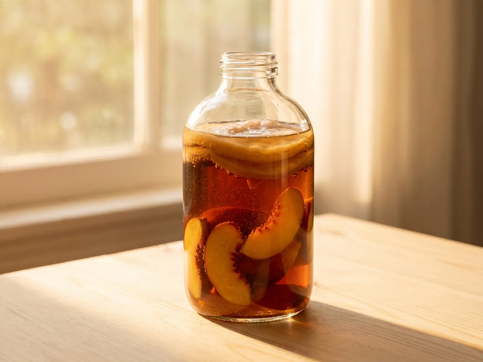 was ist kombucha Transparente Flasche Kombucha mit Pfirsich auf hellem Holz im sanften sommerlichen Gegenlicht.