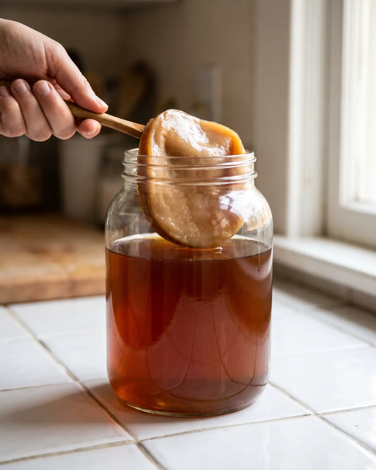 Glasboden eines Kombucha-Ansatzes verzerrt ein wei&szlig;es Fliesenraster, dar&uuml;ber liegt der SCOBY.