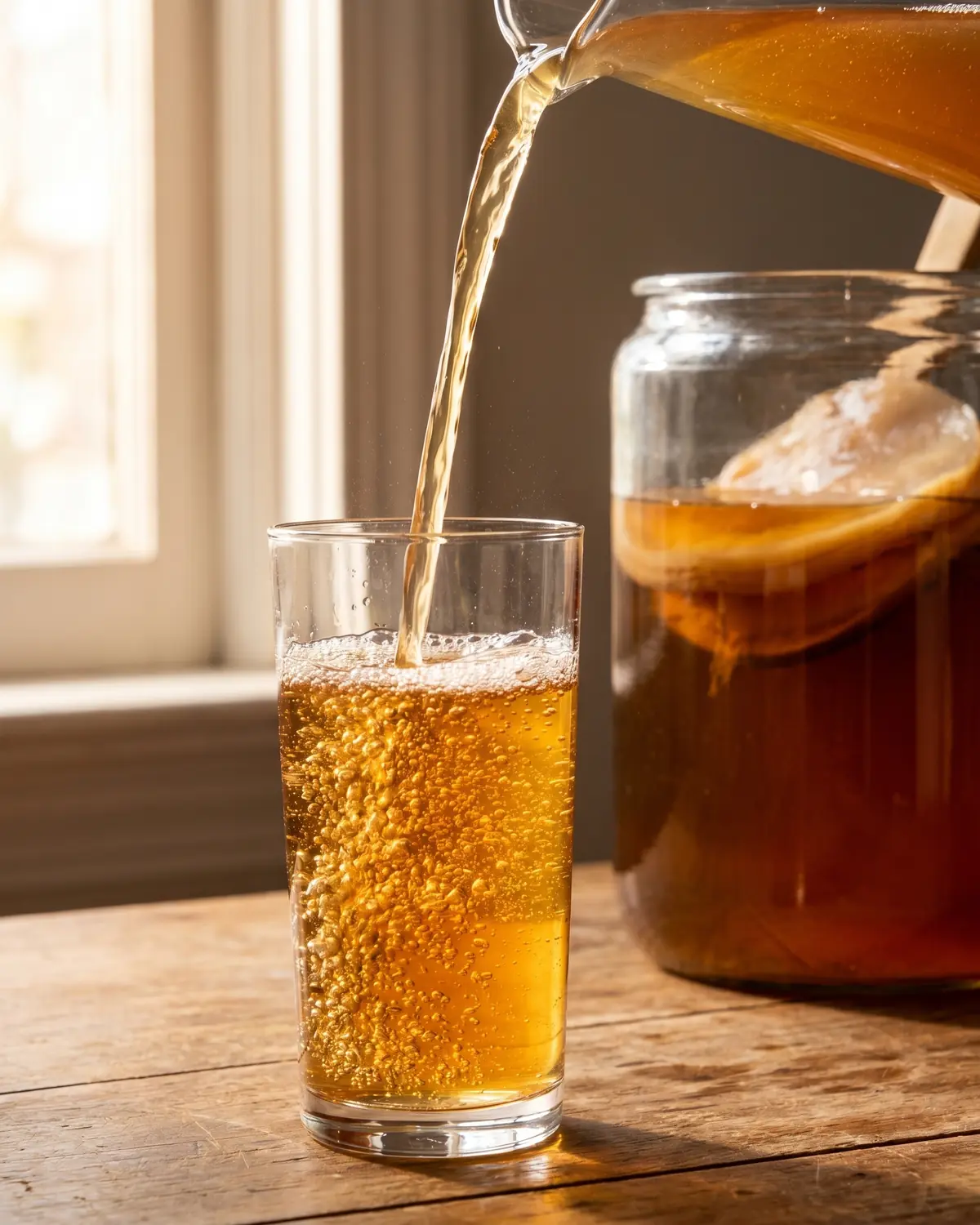 Fertiger Kombucha wird in ein hohes Glas gegossen, mit feinen Bl&auml;schen auf hellem Holz.