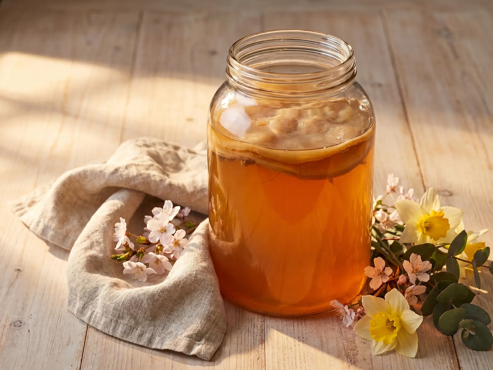 kombucha Bernsteinfarbener Kombucha im Glas neben Frühlingsblumen, Leinenstoff und warmem Seitenlicht.