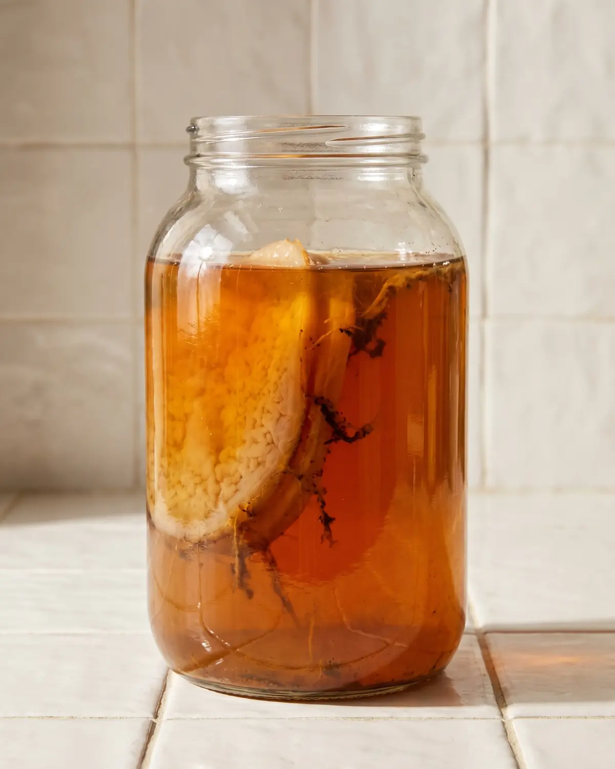 kombucha aufbewahren Ein Kombucha-Glas mit sichtbarem SCOBY und dunklen Hefefäden steht auf weißen Fliesen.
