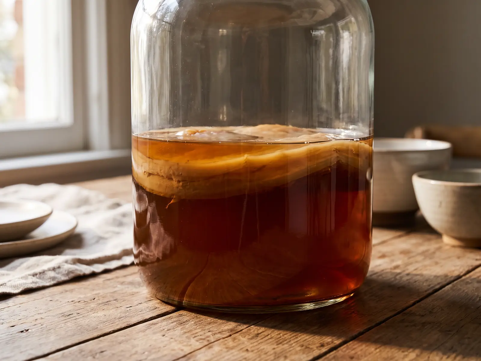 kombucha tee Blick durch den dicken Glasboden auf bernsteinfarbenen Kombucha-Tee mit beige-braunem SCOBY.