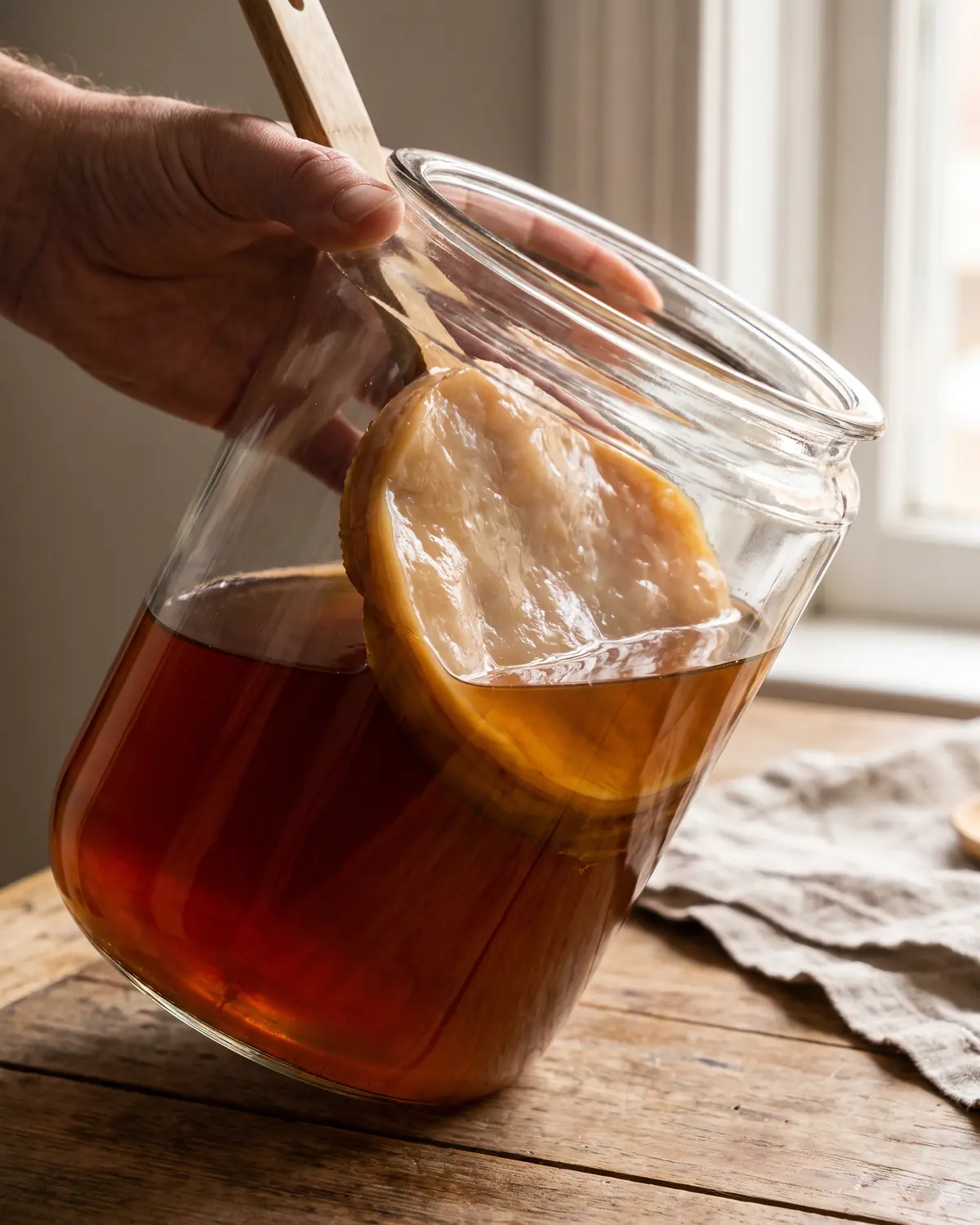 Eine Hand neigt ein Glas leicht, um Teepegel und SCOBY an der gebogenen Innenwand zu pr&uuml;fen