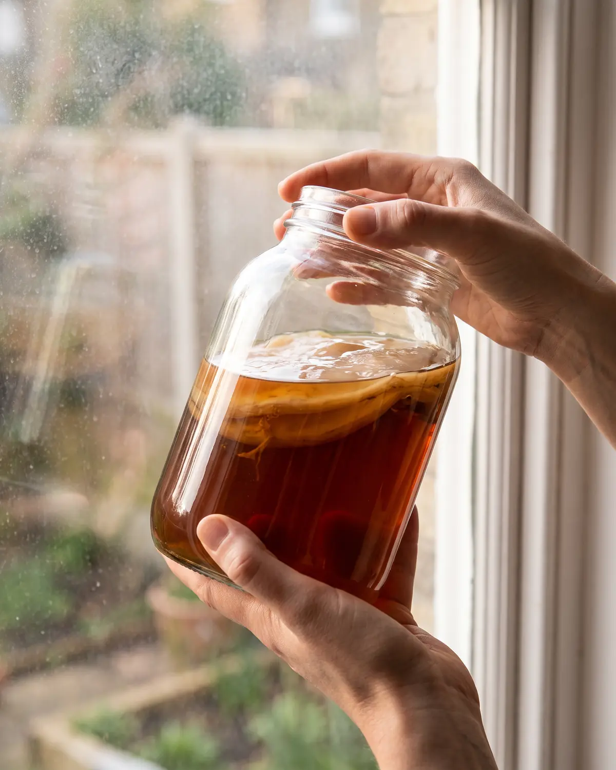 kombucha denns Zwei Hände halten ein Kombucha-Glas ans Fenster, während ein SCOBY im hellen Tee schwebt.