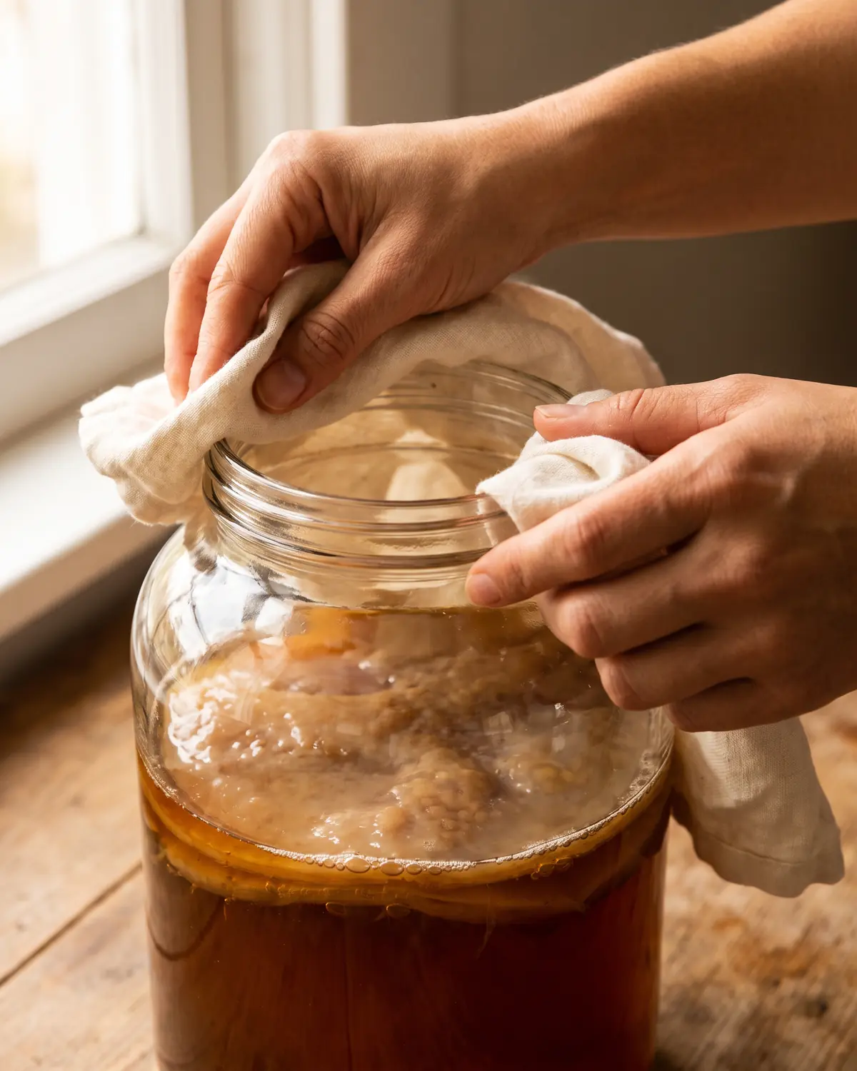 wasserkefir oder kombucha Zwei Hände reinigen den Glasrand eines Kombucha-Gefäßes, während der SCOBY unter dem Tee sichtbar ist.