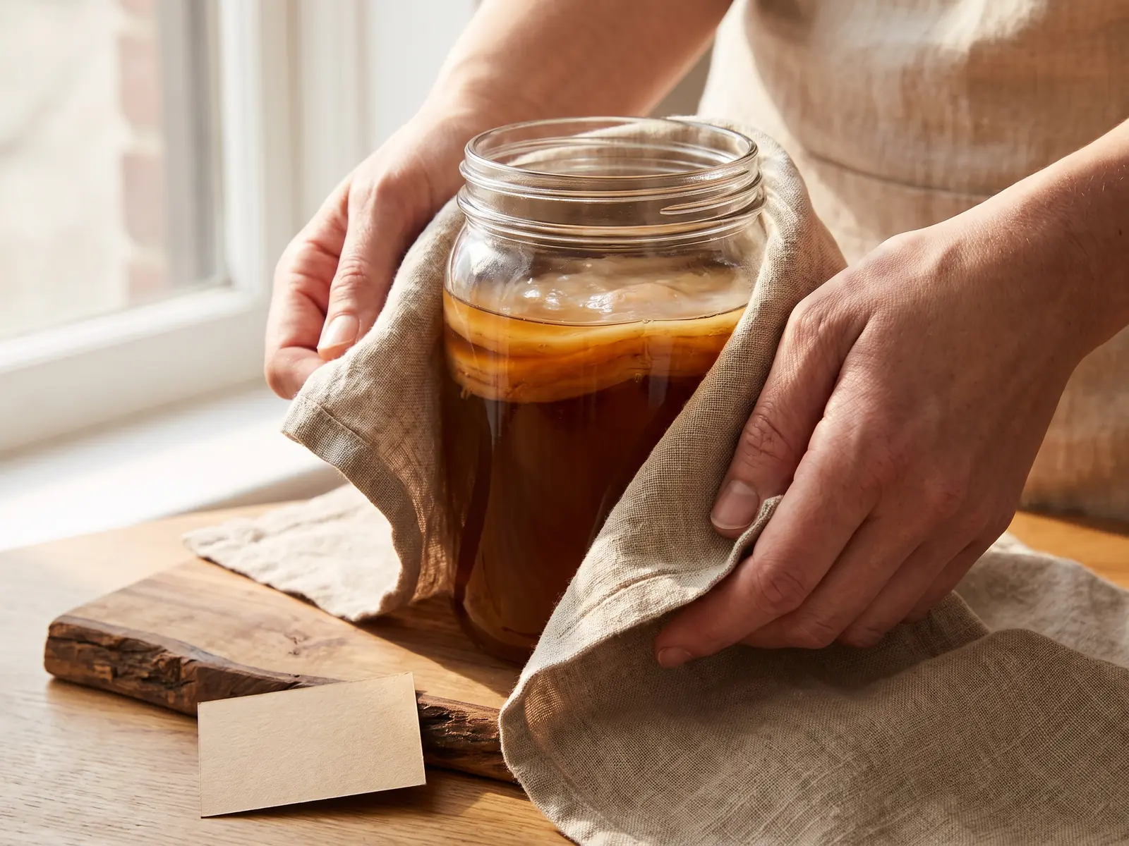 kombucha urlaub Zwei Hände halten ein Glas mit beige-braunem SCOBY auf Leinen, Walnussholz und leerer Kraftetikette.