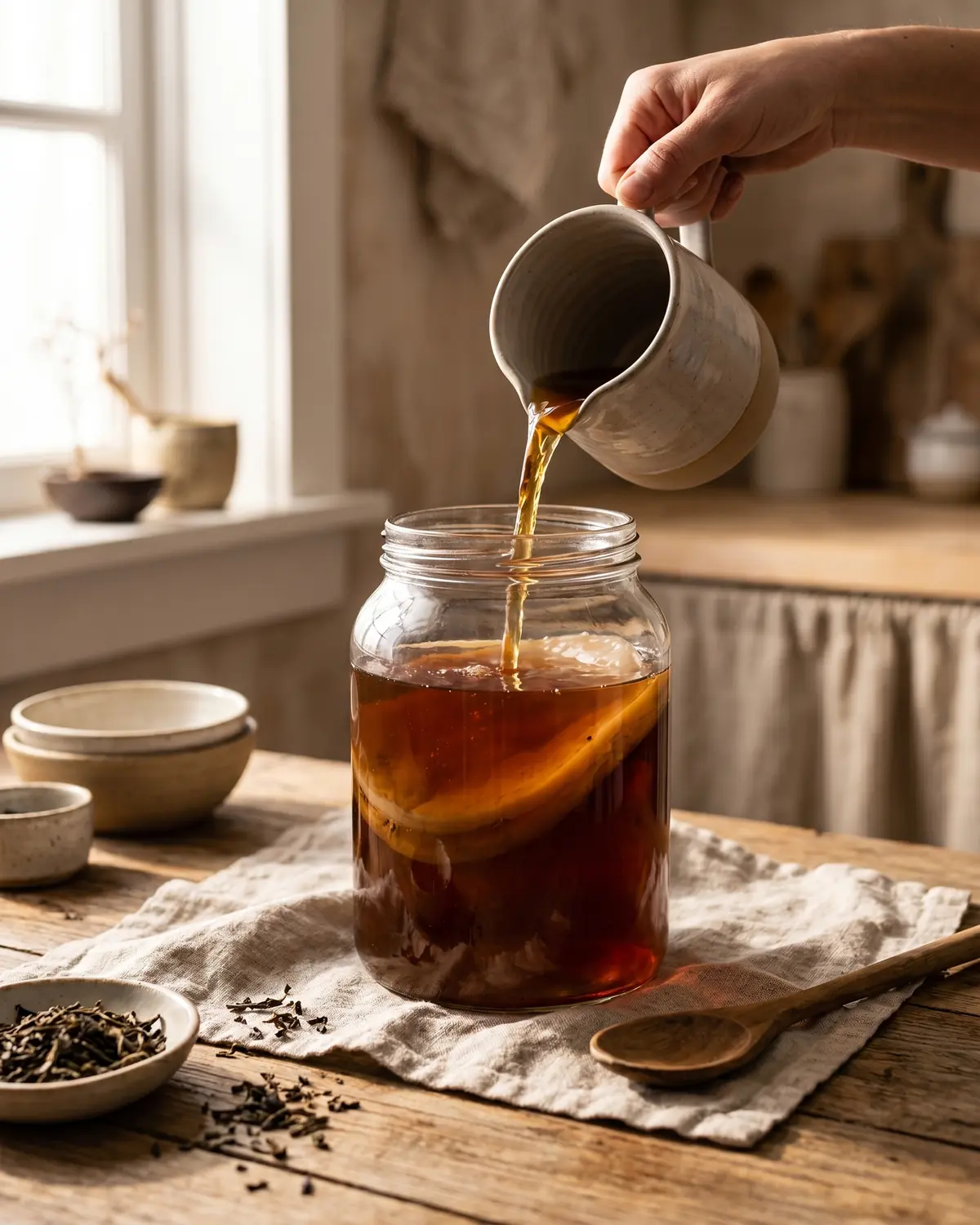 herstellung von kombucha Eine Hand gießt abgekühlten Tee in ein Glas mit Mutterflüssigkeit und SCOBY am Boden.