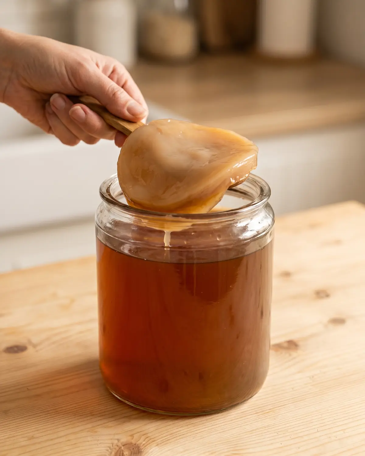 kombucha Eine Hand hebt den gallertartigen SCOBY mit einem Holzlöffel aus einem Glas mit fermentiertem Tee.