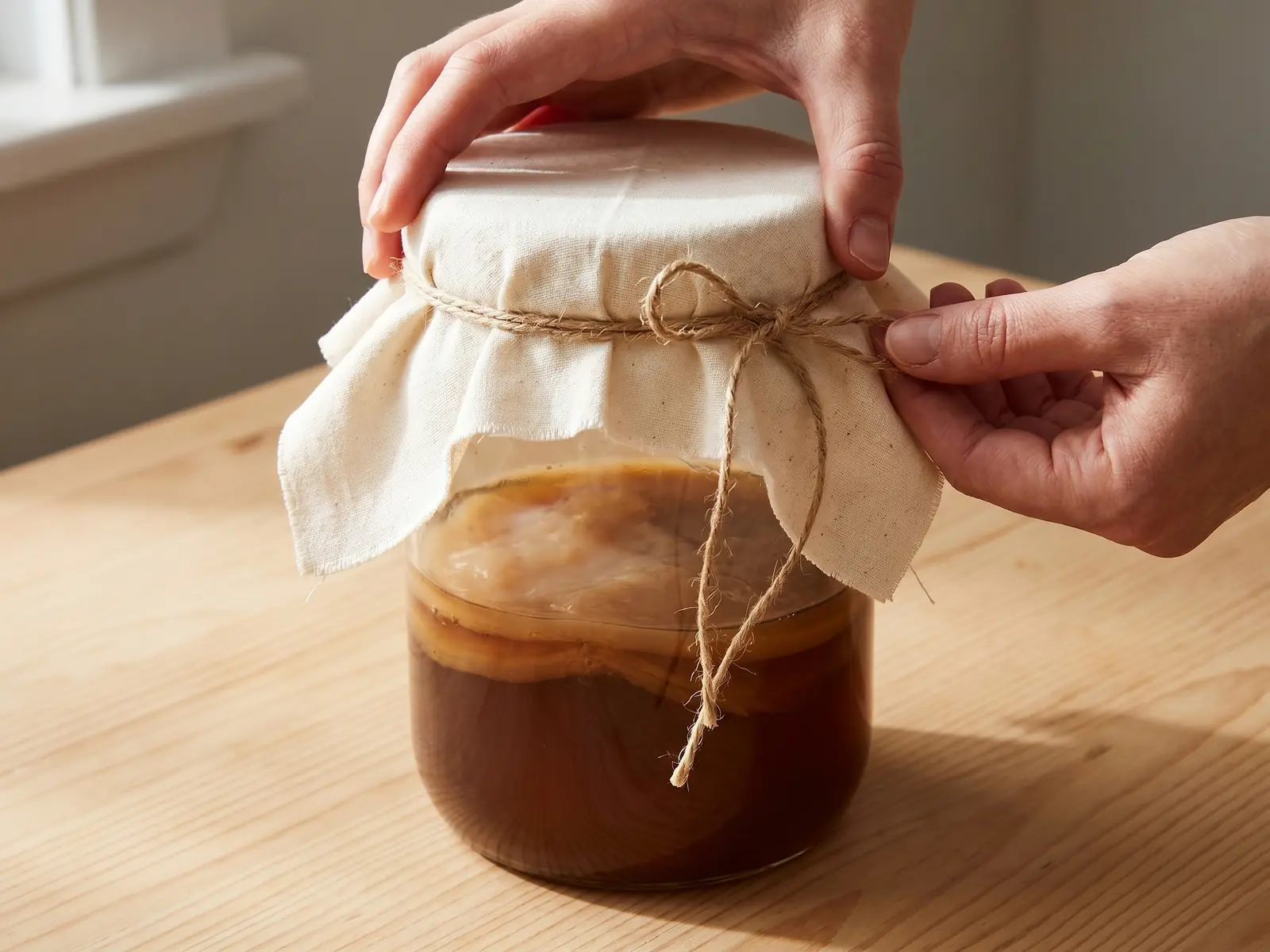 kombucha stillzeit Eine Hand befestigt ein Baumwolltuch auf einem Kombucha-Glas mit SCOBY auf hellem Holz.