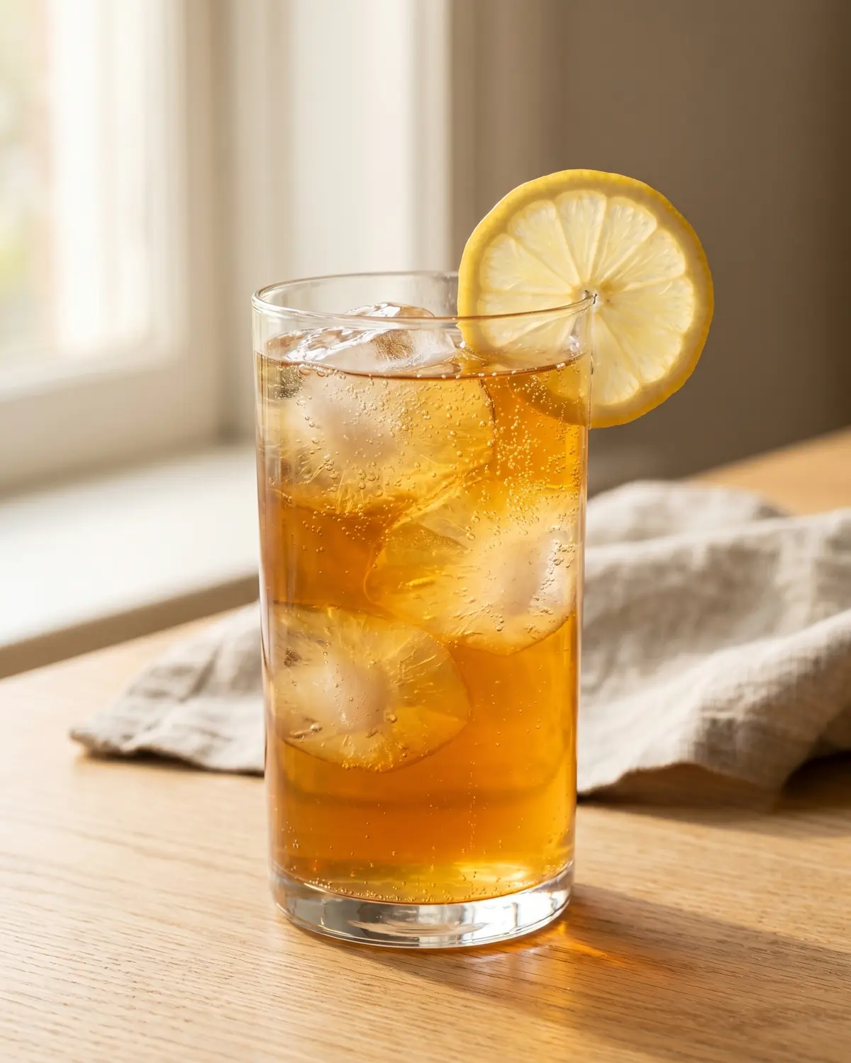 Hohes Glas mit Kombucha, Eisw&uuml;rfeln und Zitronenscheibe als erfrischendes fermentiertes Getr&auml;nk.