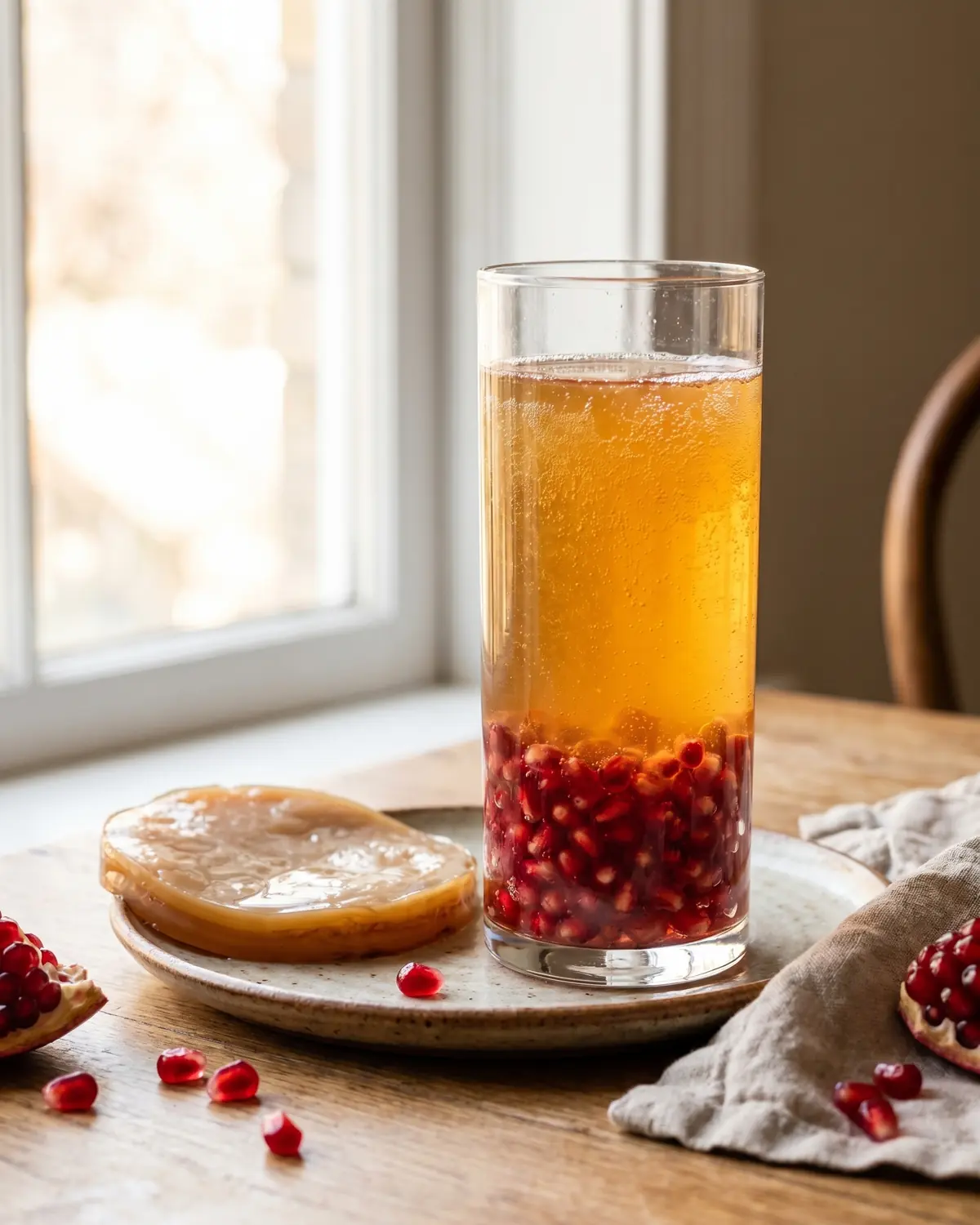 Ein hohes Glas Kombucha mit Granatapfelkernen am Boden steht im weichen Licht am Fenster.
