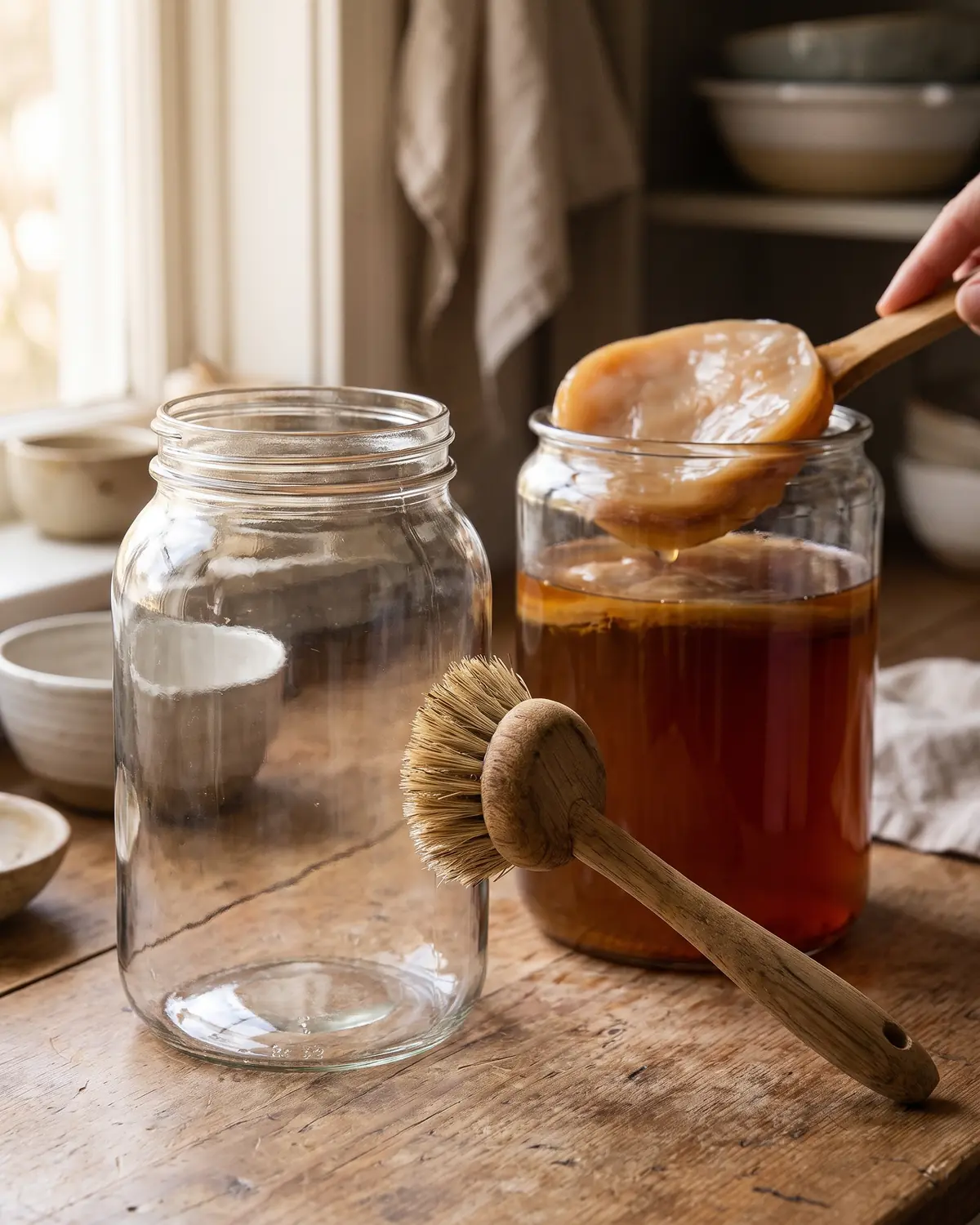kombucha kaufen edeka Holzbürste neben einem leeren Glas und einem aktiven Kombucha-Ansatz mit sichtbarem SCOBY.