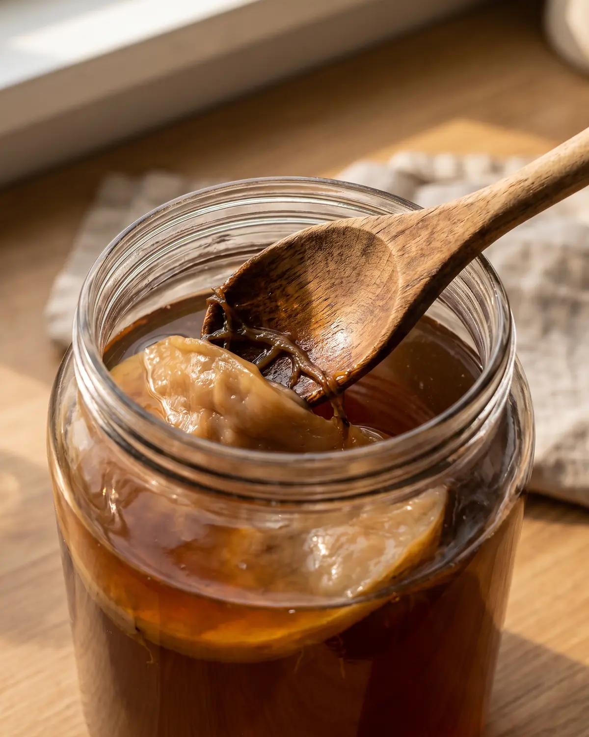 kombucha tee Holzlöffel hebt dunkle Hefefäden vom Glasrand, während der beige SCOBY im Kombucha liegt.