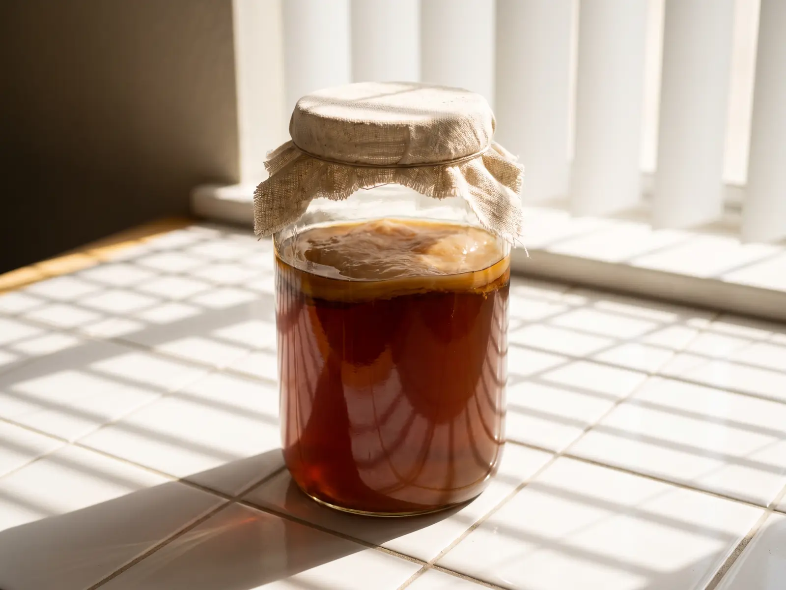 wasserkefir oder kombucha Ein Glas mit bernsteinfarbenem Tee und SCOBY steht auf weißen Fliesen im Licht von Jalousieschatten.
