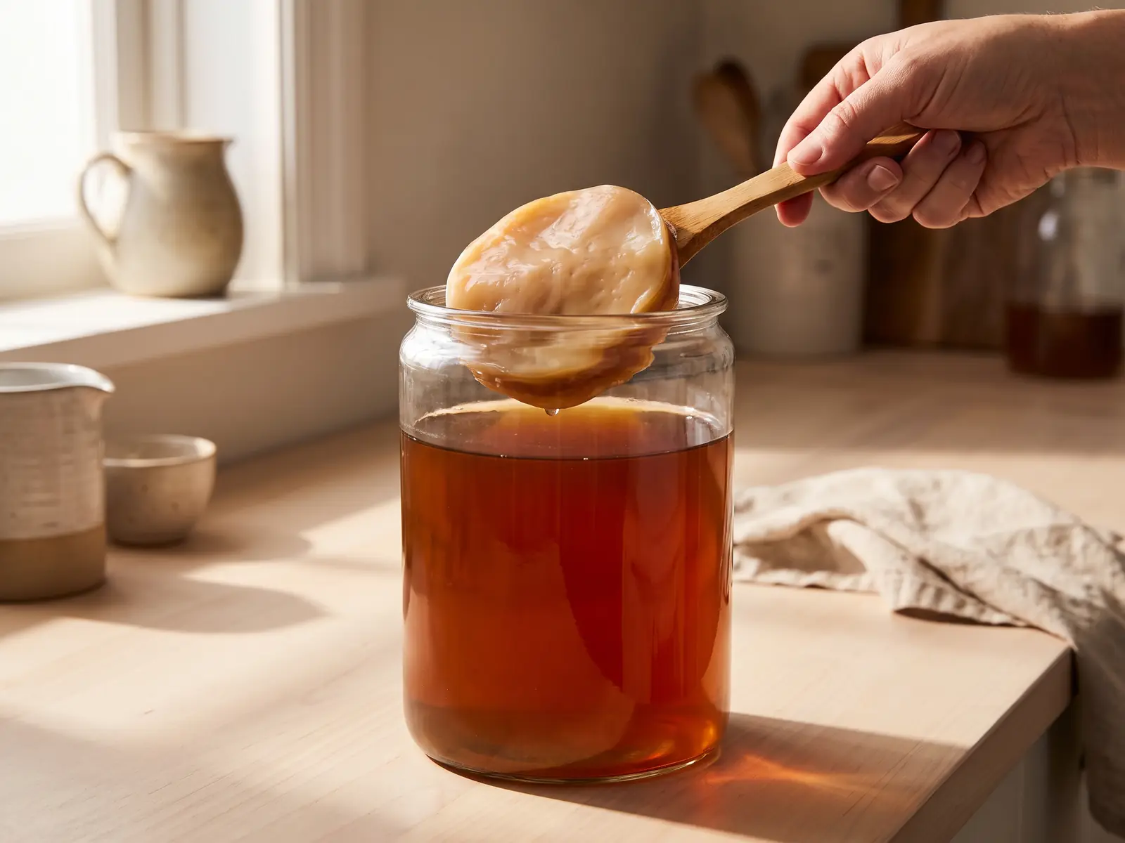 kombucha bluthochdruck Ein Kombucha-Glas mit beige-braunem SCOBY steht im warmen Küchenlicht auf hellem Holz.