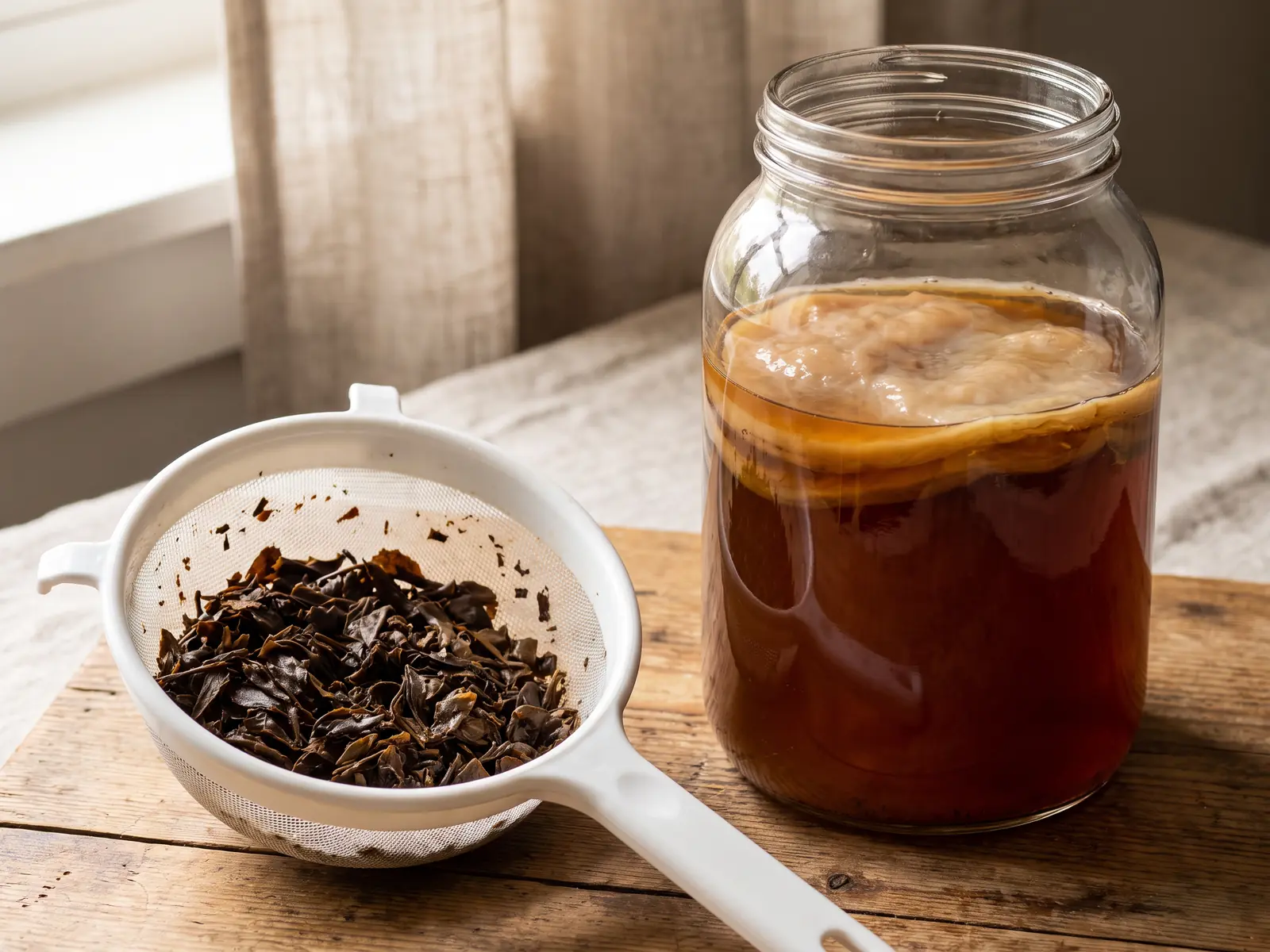 flaschen für kombucha Weißes Kunststoffsieb mit feuchten Teeblättern neben einem Glas mit beige-braunem SCOBY.