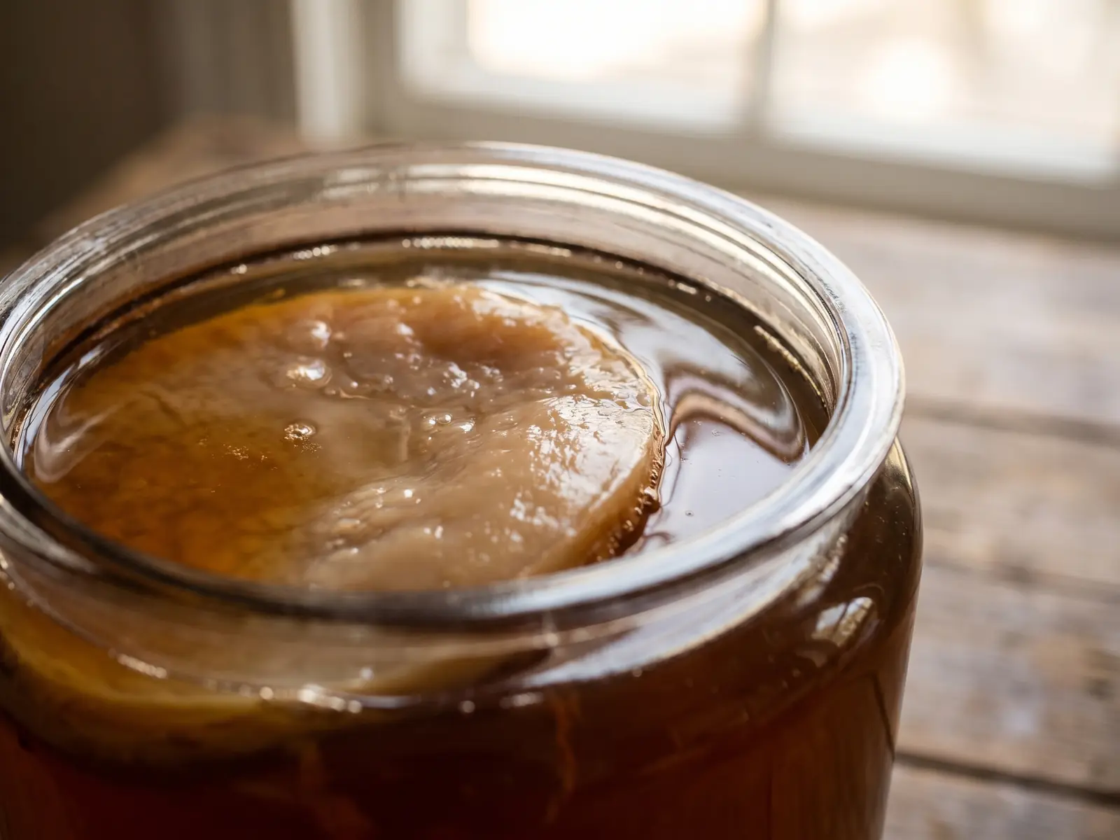 kombucha gewichtszunahme Niedriges Glas mit bernsteinfarbenem Kombucha und SCOBY knapp unter der Oberfläche im weichen Fensterlicht.