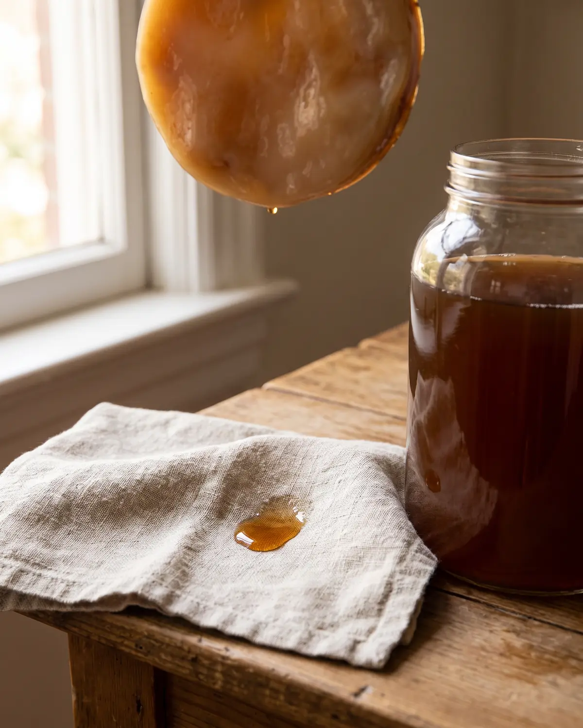 Ein Tropfen saurer Ansatzfl&uuml;ssigkeit zieht in rohes Leinen ein, daneben steht ein Kombucha-Glas.