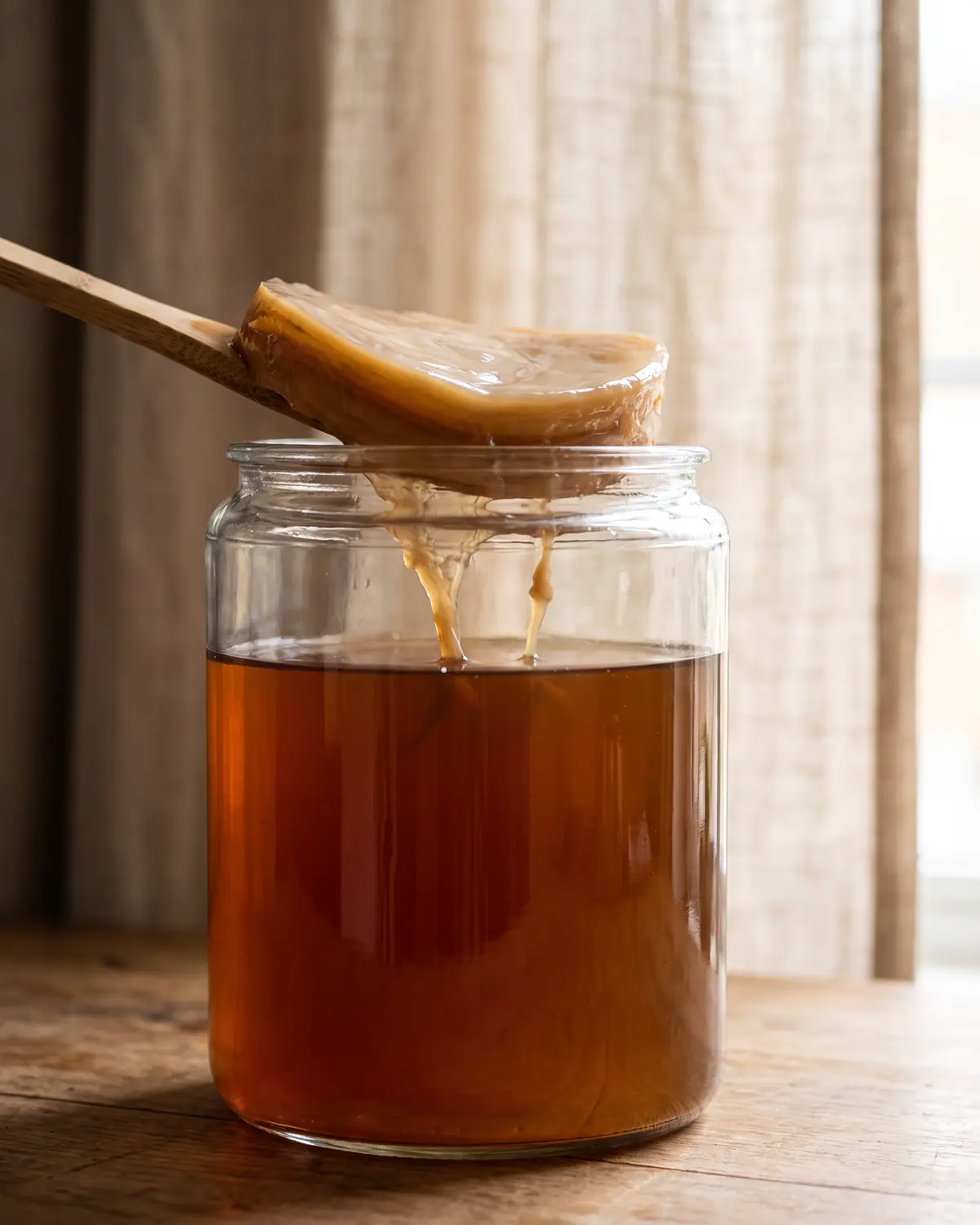 scoby hotel Ein scharfes Kombucha-Glas mit SCOBY und feinen Hefefäden steht vor weich verschwommenem Leinen.