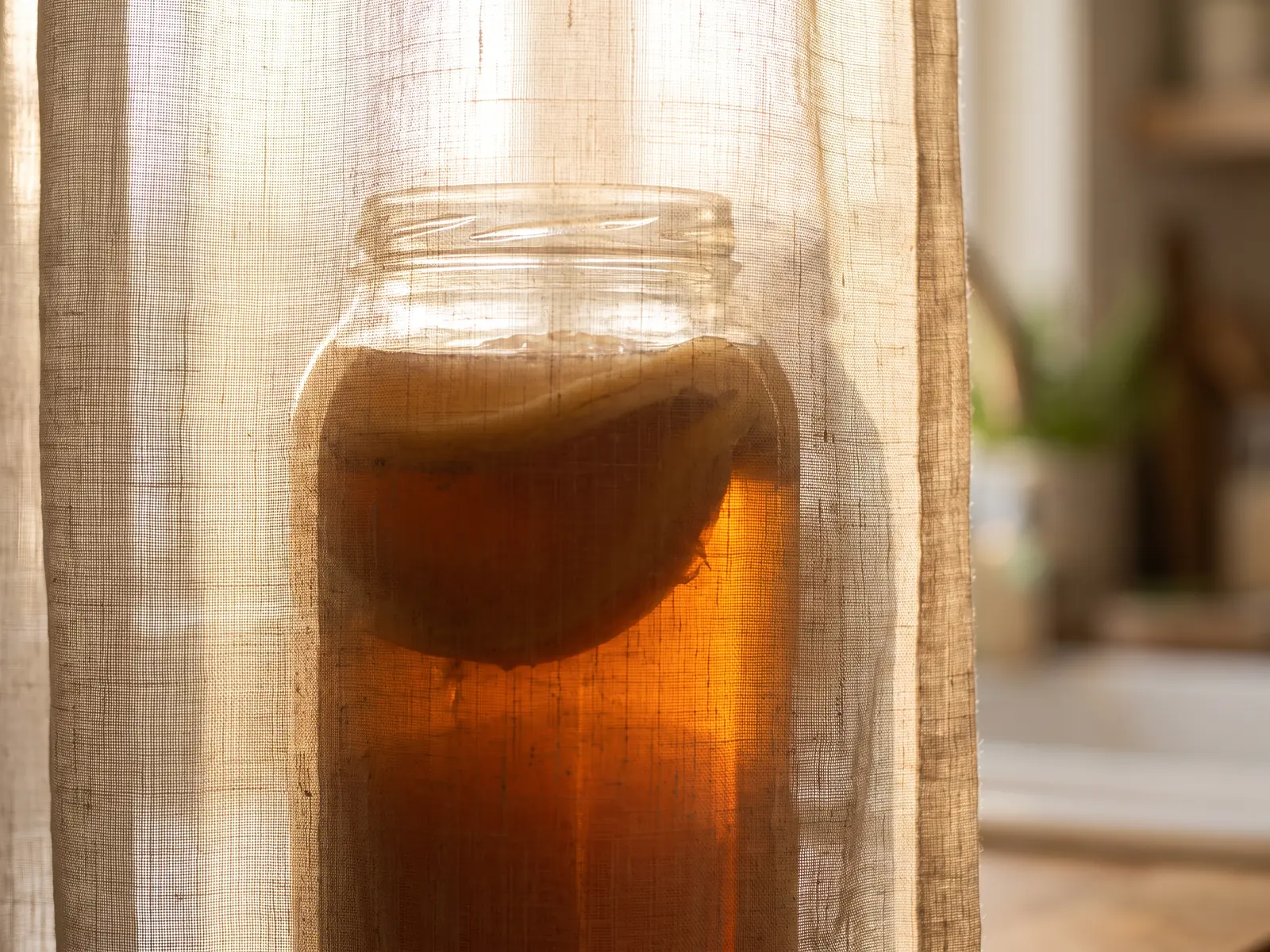 Hinter einem hellen Leinenvorhang zeichnet sich ein Kombucha-Glas mit bernsteinfarbenem Tee und SCOBY ab.