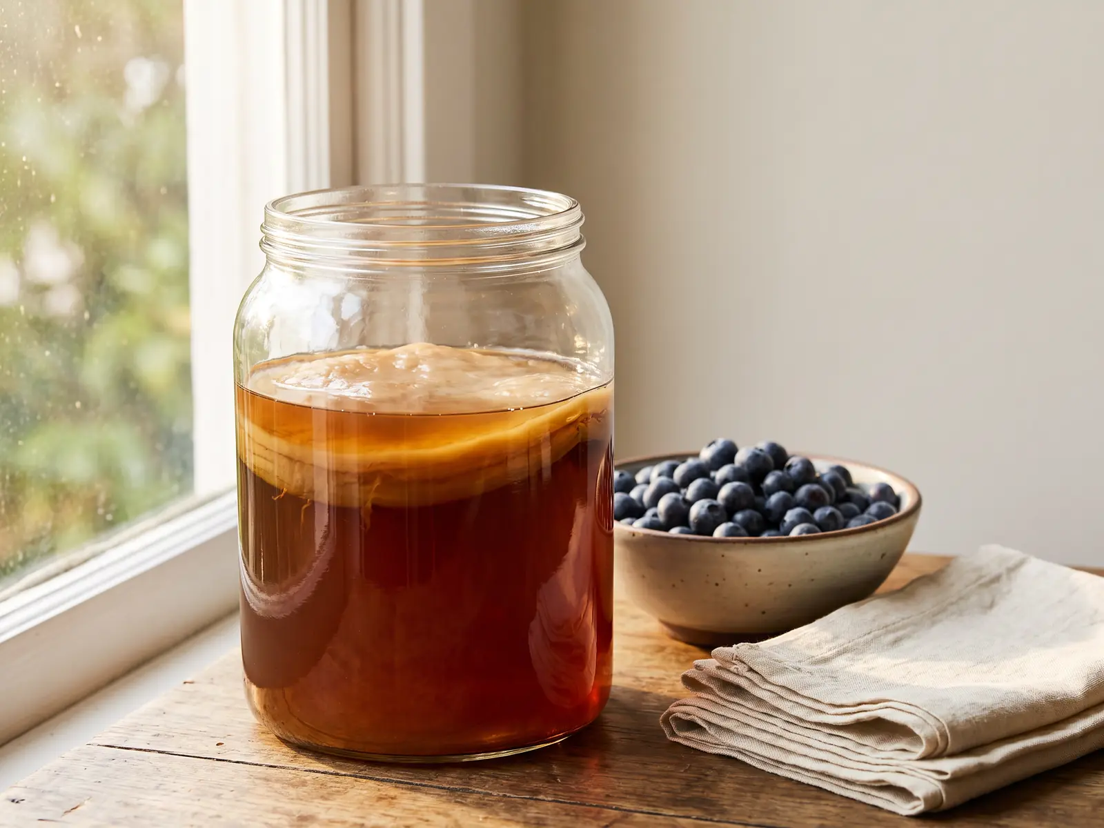 herstellung von kombucha Glas mit Kombucha-SCOBY am Morgenfenster, daneben Heidelbeeren und helle Servietten.