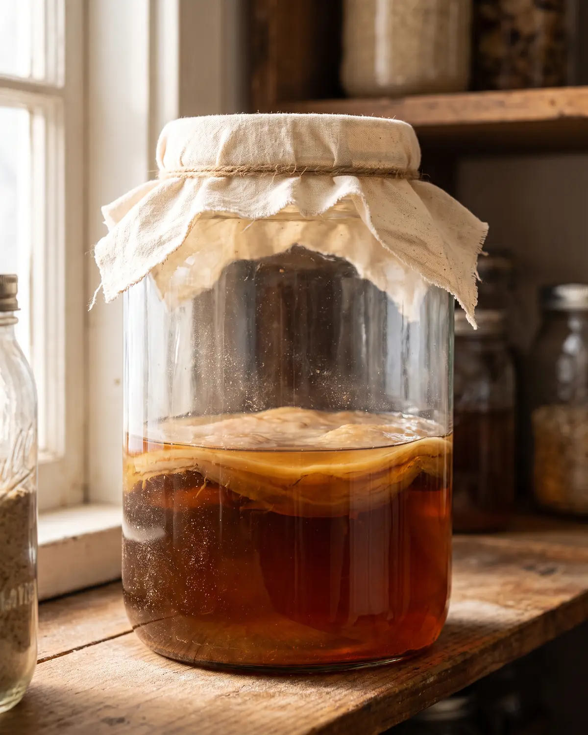 kombucha benefits Kombucha-Flasche auf einem Regal mit feinem Staub auf dem Glas und dunklem SCOBY hinter cremefarbenem Stoff.