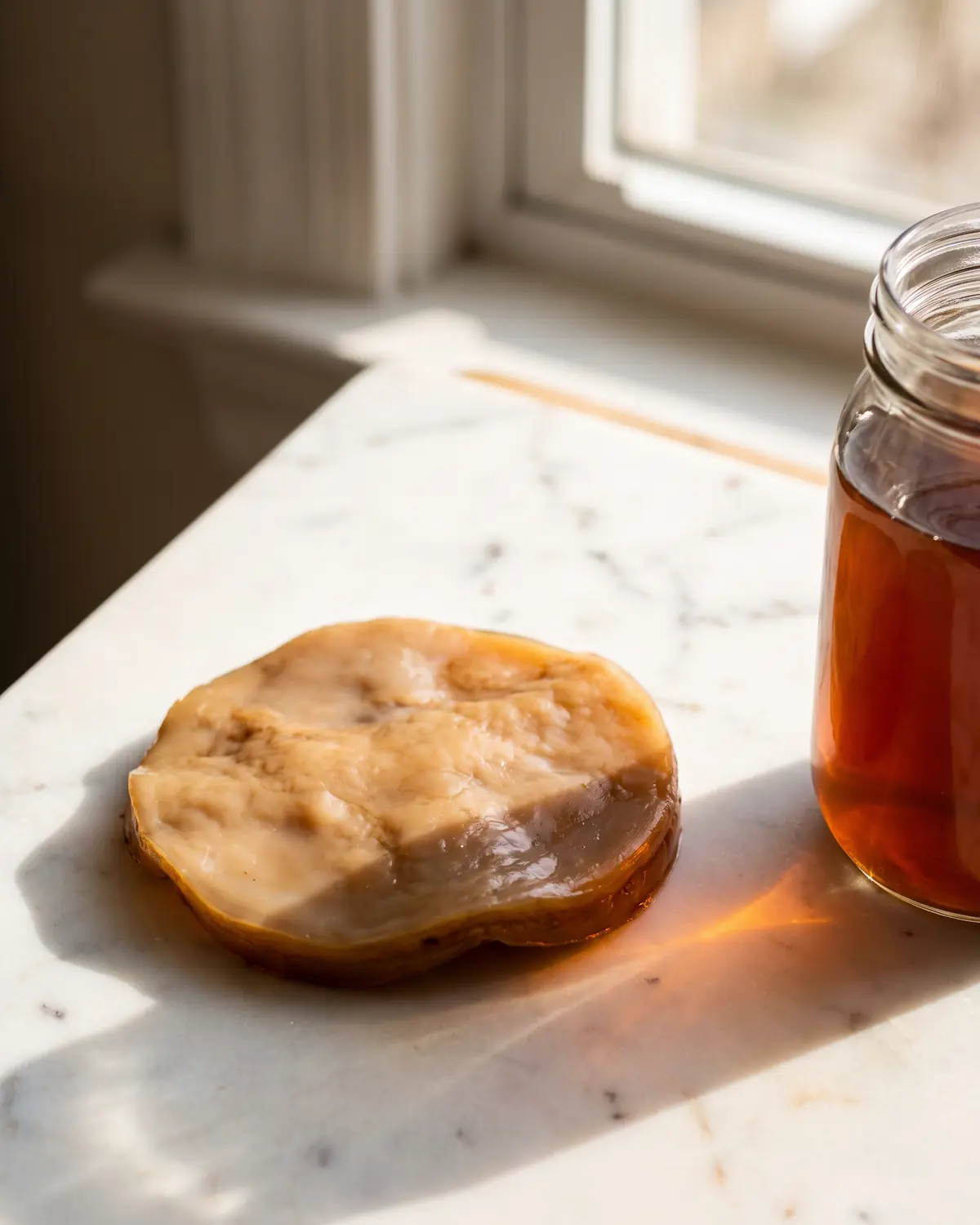 kombucha rezept fairment Unregelmäßiger SCOBY im angeschnittenen Glas wirft bernsteinfarbene Schatten auf matten weißen Marmor.