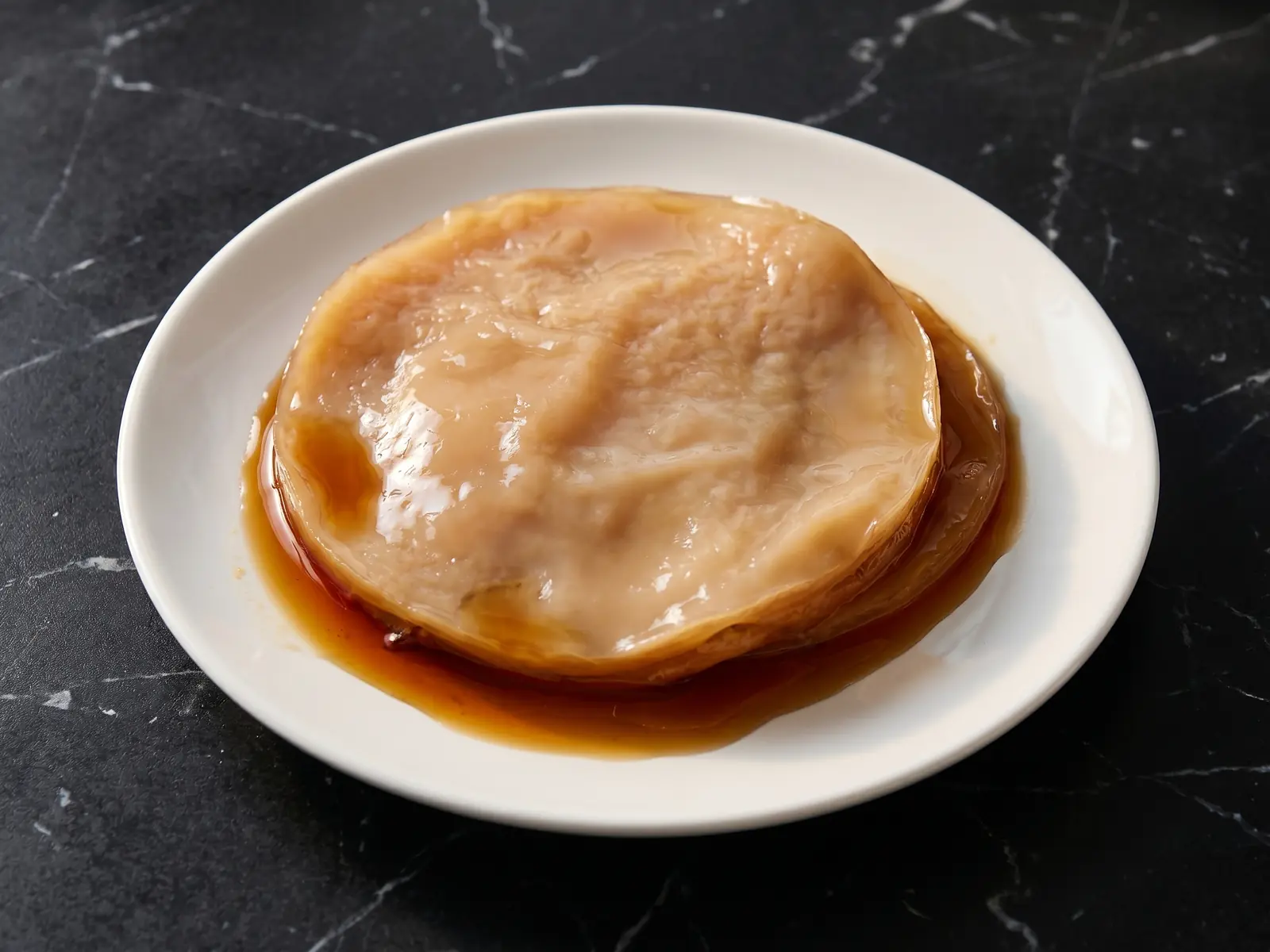 scoby schimmel Beige-brauner SCOBY auf einem weißen Teller auf schwarzem Marmor mit weich beleuchteter, gallertiger Textur
