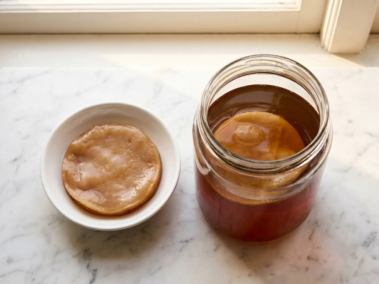 kombucha herkunft SCOBY in einer weißen Schale neben bernsteinfarbenem Tee auf hell gemasertem Marmor.