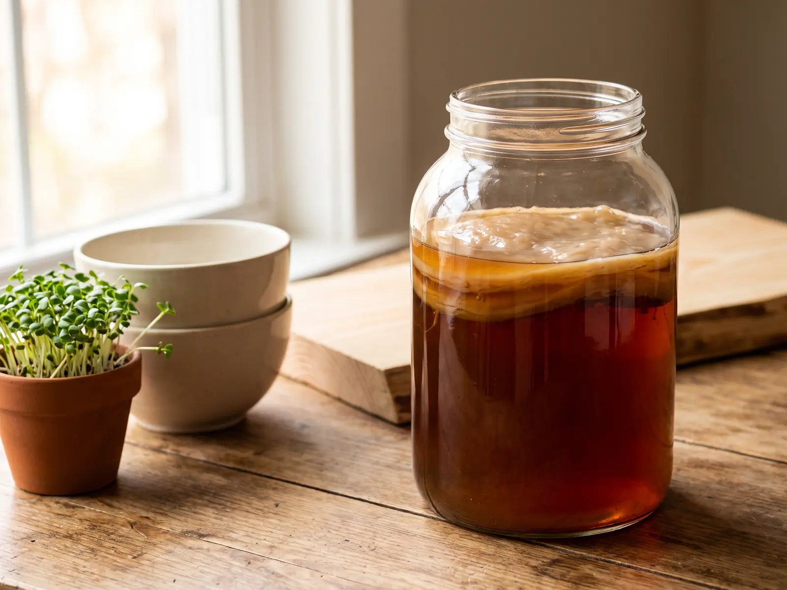 Glas mit Kombucha-SCOBY neben gr&uuml;nen Sprossen, hellen Schalen und hellem Kiefernholz.