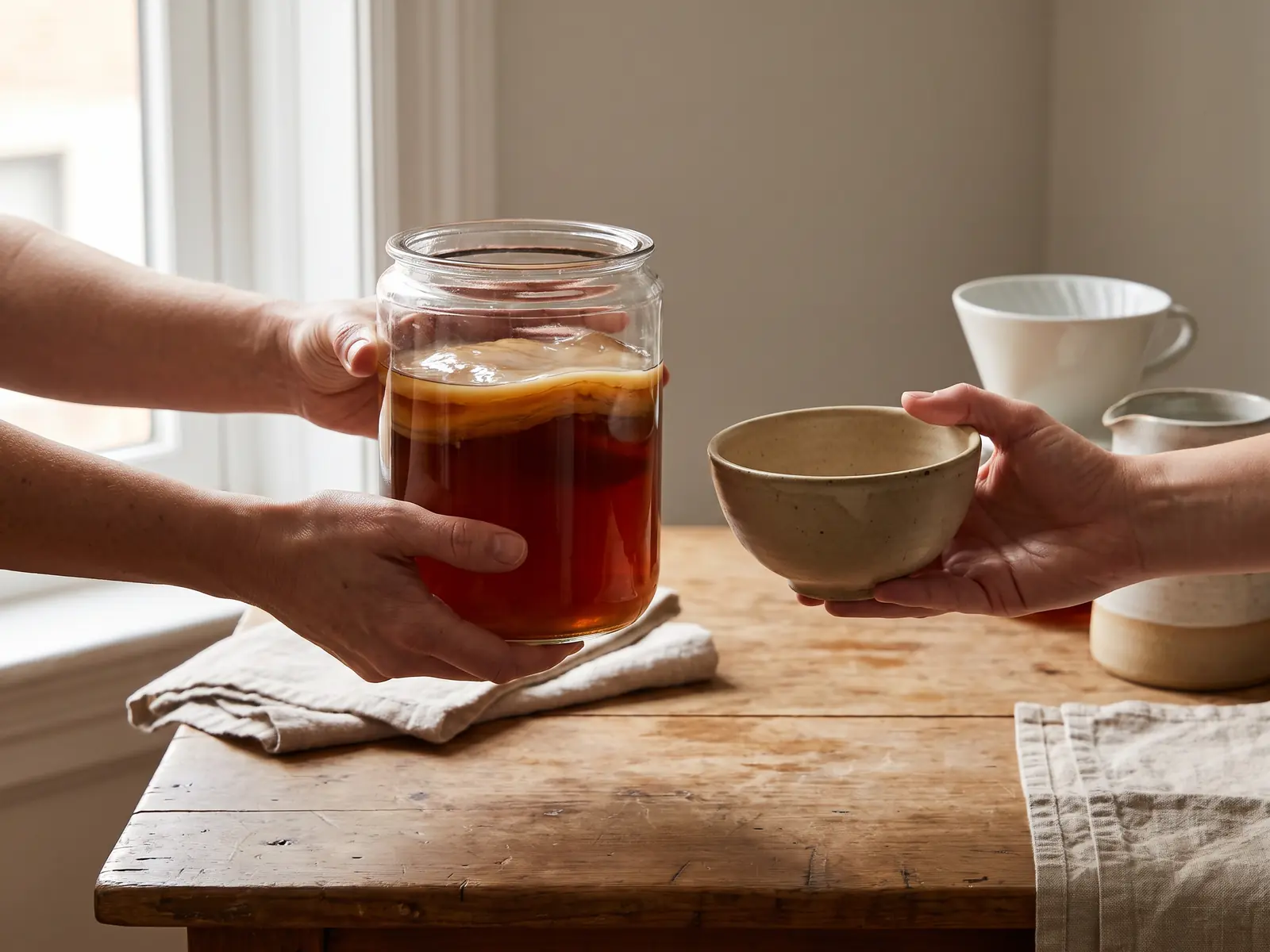 kombucha meme Zwei Hände übergeben ein Glas mit SCOBY und eine Schale in einer ruhigen Kombucha-Szene.
