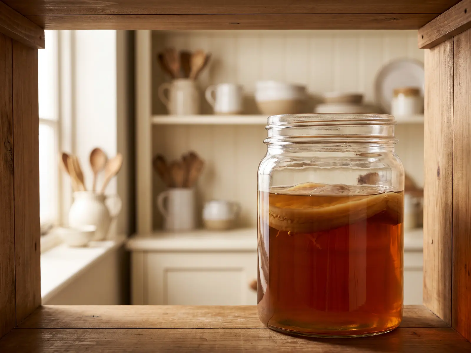 kombucha darm Glas mit Kombucha-SCOBY in einer Alacena, im Hintergrund eine helle Küche mit weichen Cremetönen.
