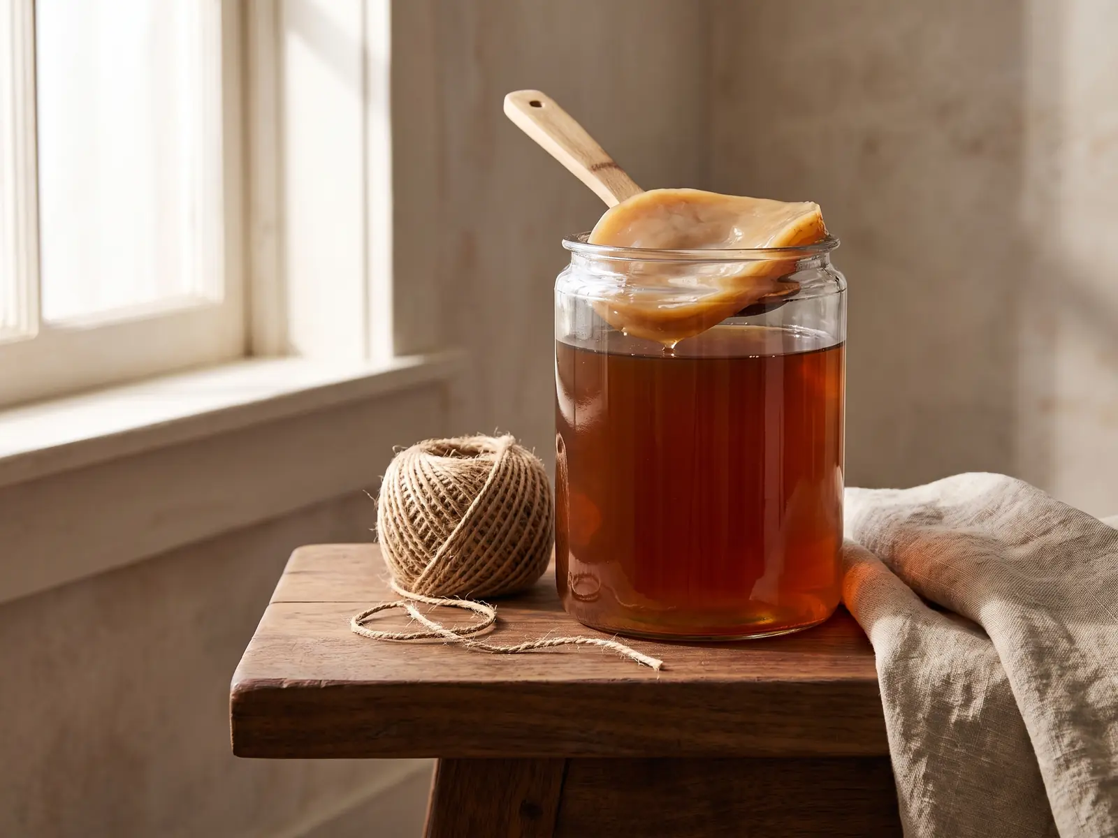 kombucha durchfall Glas mit Kombucha auf einer Walnussbank neben Garnknäuel und Leinen in ruhiger natürlicher Szene