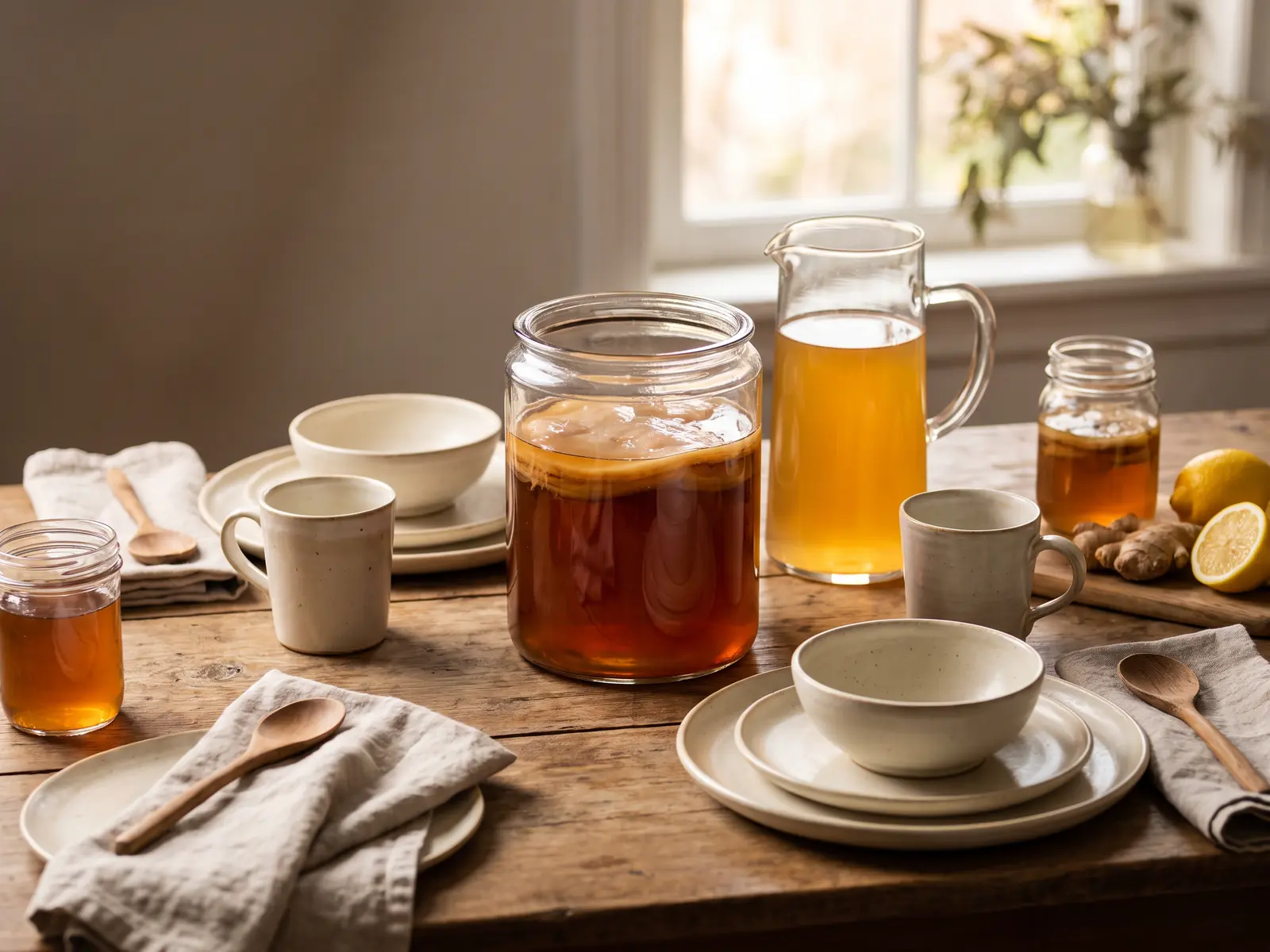 kombucha selber machen Gedeckter Tisch mit Glaskaraffe, Kombucha-Glas und SCOBY im Ansatzgefäß neben heller Keramik.