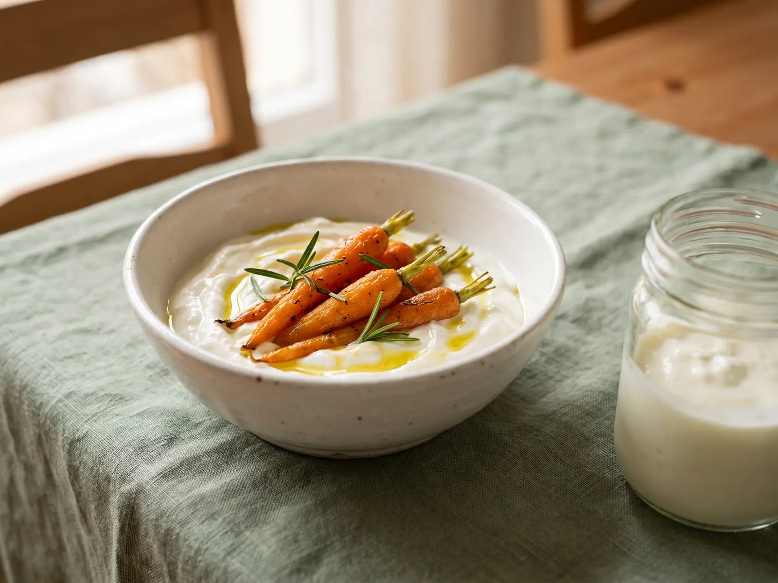 Leichtes Abendessen mit salzigem Joghurt, ger&ouml;steter Karotte und Rosmarin auf wei&szlig;er Keramik.