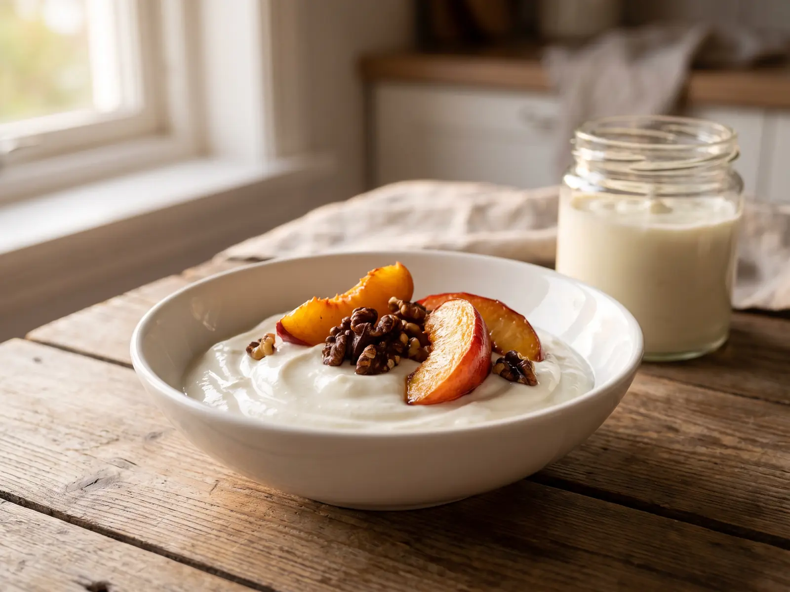 joghurt vs kefir Fertiger Joghurt mit gerösteter Nektarine in einer weißen Keramikschale auf dunklem Nussholz.