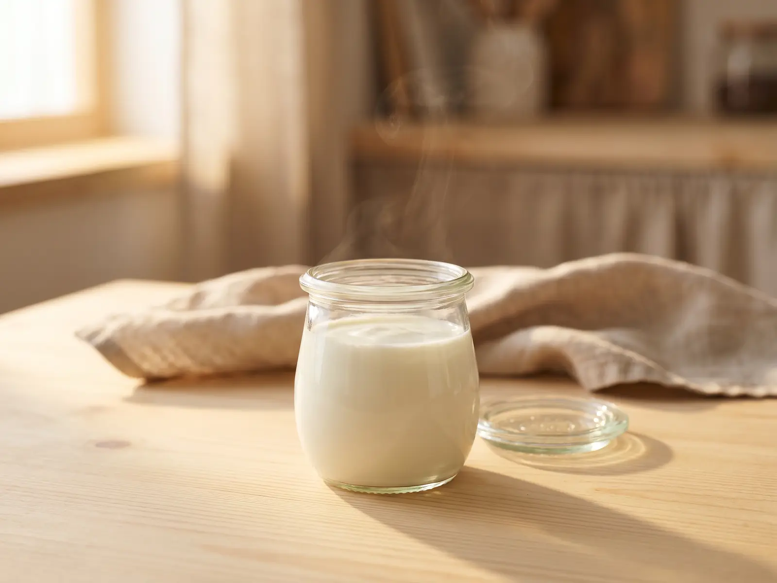 Frisch hergestellter Joghurt im Glas mit leichtem Dampf und danebenliegender ge&ouml;ffneter Deckel