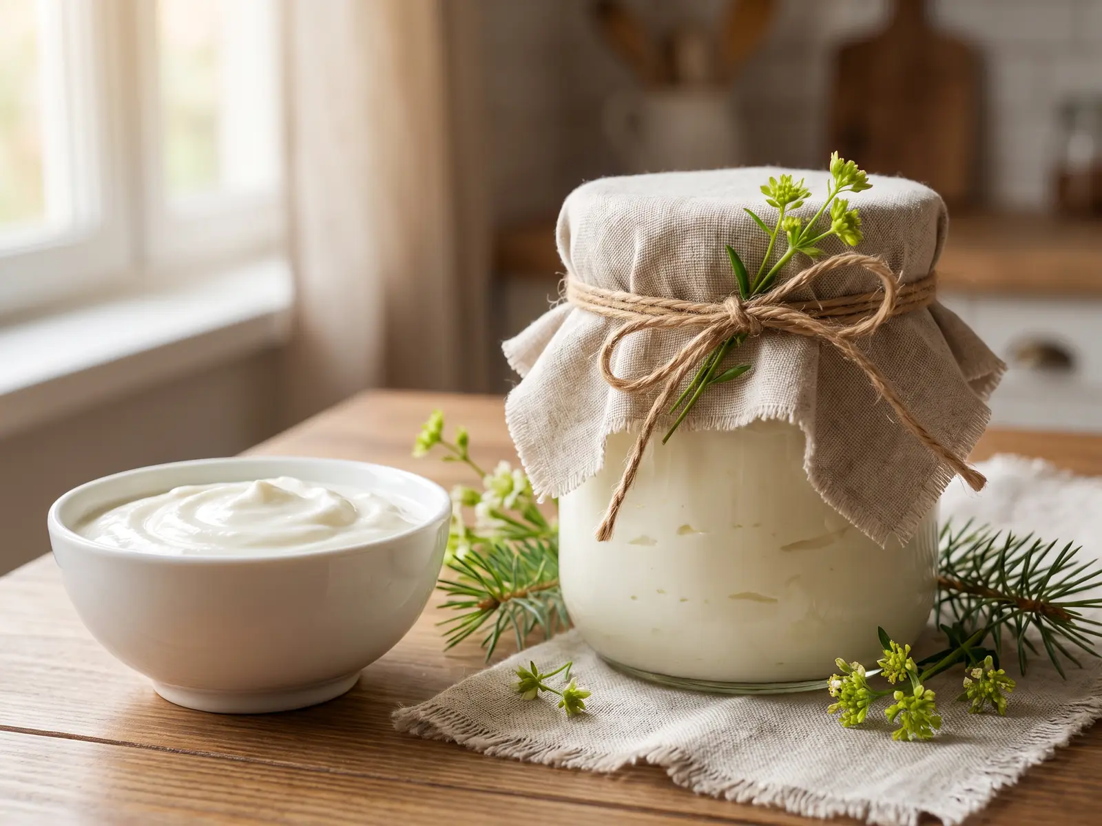 Geschenkglas mit Joghurt, in rohes Leinen gewickelt, mit Kordel, gr&uuml;nen Bl&uuml;ten und hellem Kiefernholz.