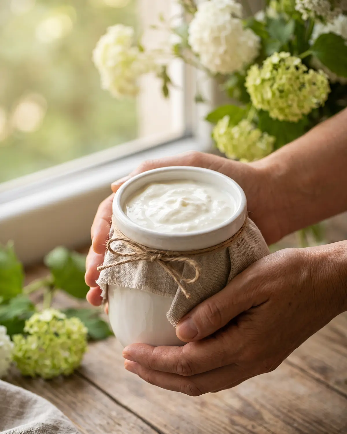 unterschied kefir joghurt Zwei Hände halten ein mit Leinen bedecktes Glas Joghurt vor unscharfen grünen Blumen im Hintergrund.