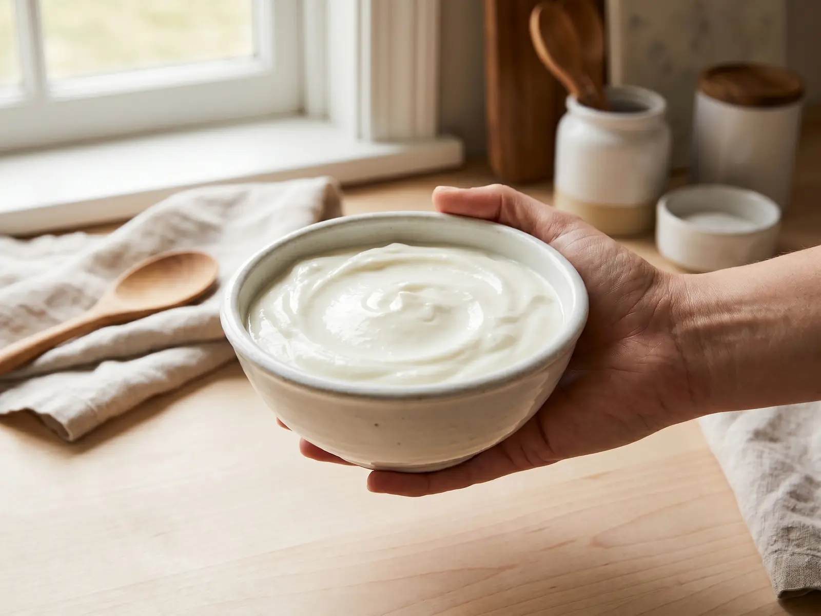 kefir statt joghurt Hand hält eine weiße Schale mit cremigem Joghurt auf einem hellen Tisch in einer ruhigen Küche.