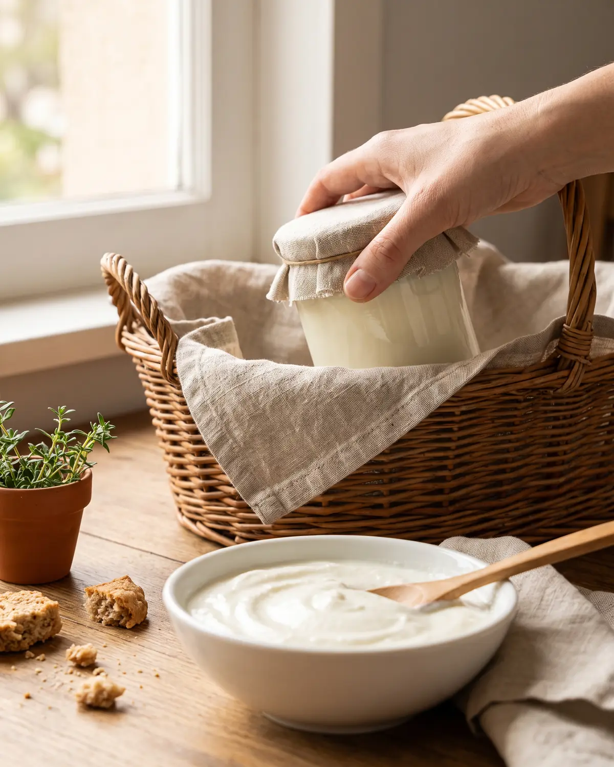 kefir vs skyr Eine Hand legt ein in Leinen gehülltes Joghurtglas vorsichtig in einen Korb aus hellem Weidengeflecht.