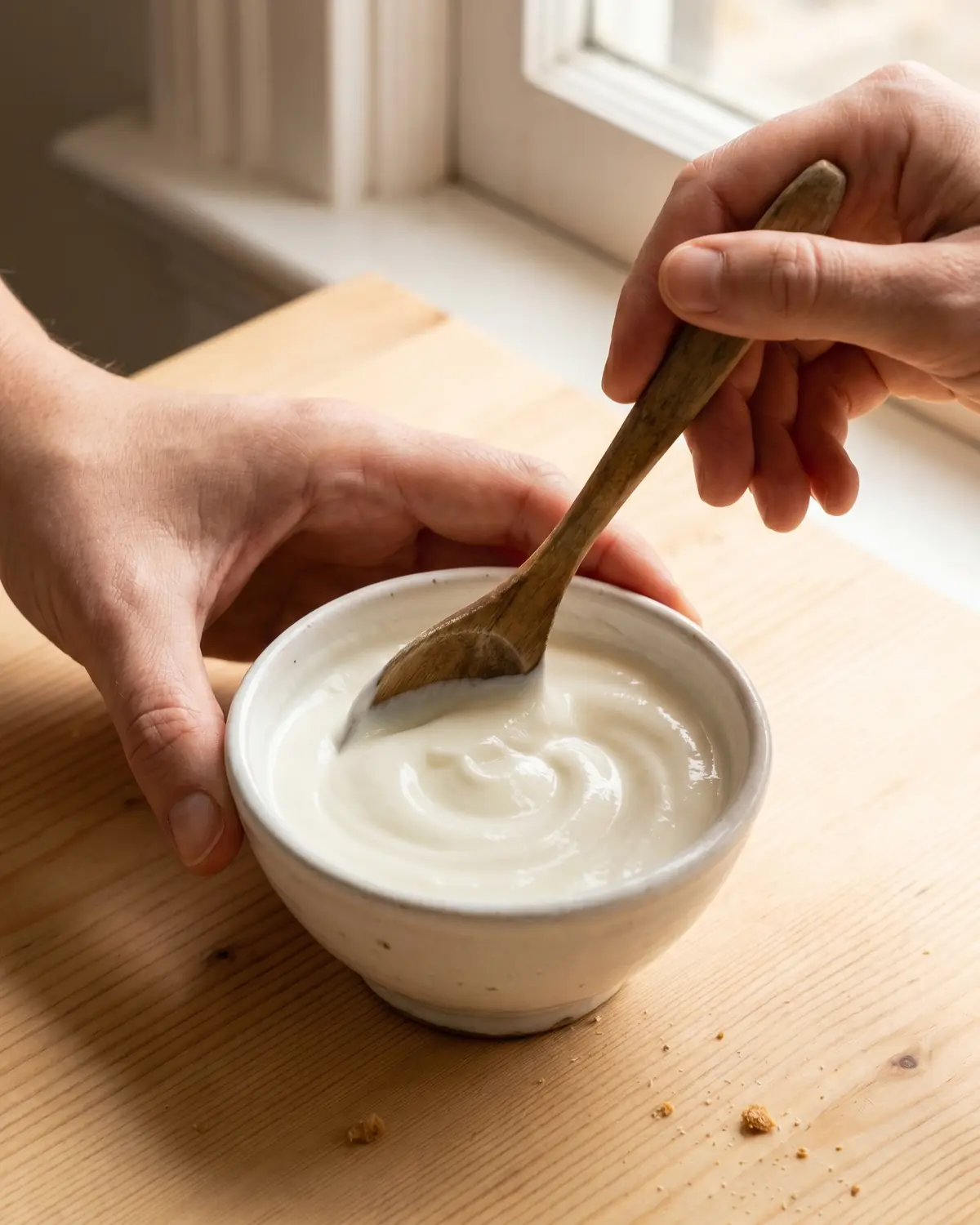 Eine Hand r&uuml;hrt cremigen Joghurt mit einer Holzl&ouml;ffel in einer Schale zu einer weichen Spirale.