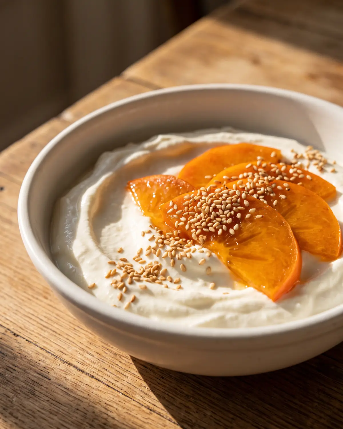 joghurt vs kefir Nahaufnahme von dickem Joghurt mit glänzender Kaki, geröstetem Sesam und weichem Fensterschatten.
