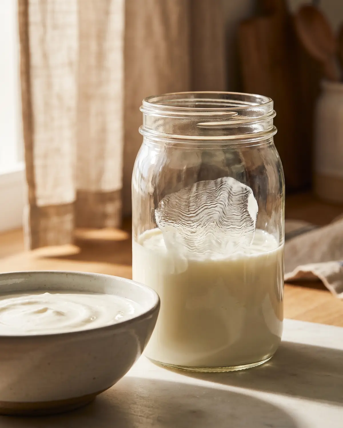 Welliges Leinen spiegelt sich in einem gef&uuml;llten Glas, dahinter ist wei&szlig;er Joghurt ruhig zu sehen.