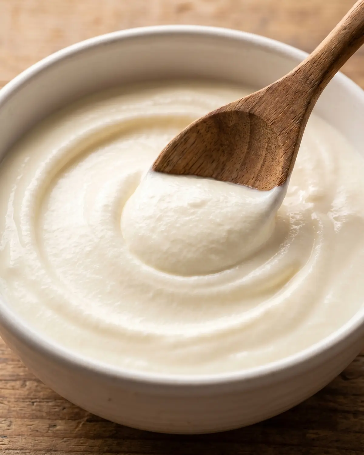 probiotische joghurts Eine Holzlöffelspur formt einen Kreis in dichtem Joghurt in einer weißen Keramikschale.