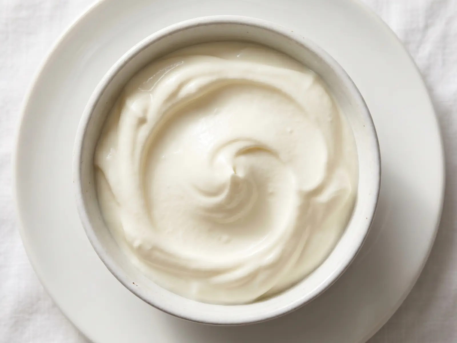 Cremiger Joghurt mit weicher Oberfl&auml;che in einer wei&szlig;en Schale, von oben fotografiert bei hellem Licht.