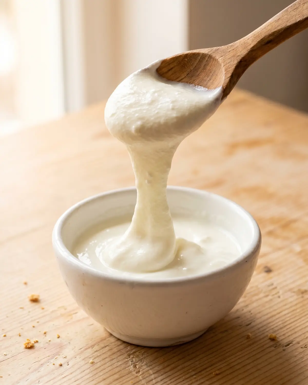 joghurt selber machen Eine Holzkelle hebt dicklichen Joghurt an, während ein elastischer Faden zurück in die Schale fließt.