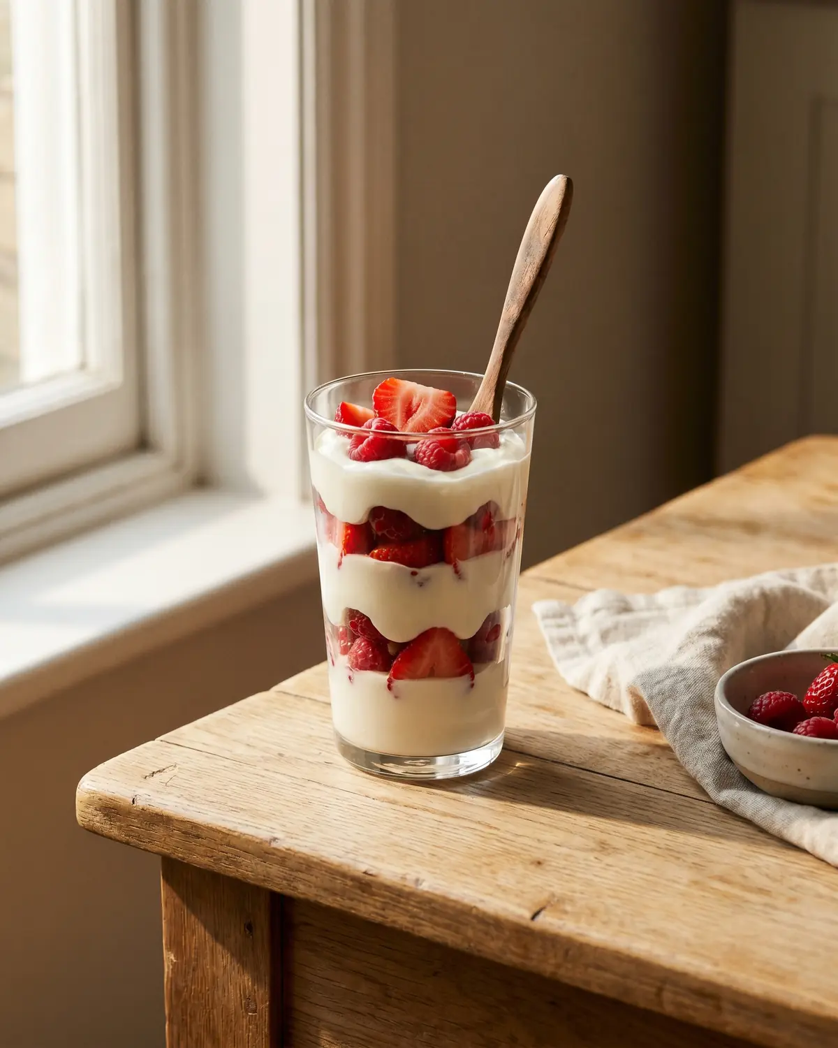 Hohes Glas mit geschichtetem Joghurt-Parfait und roten Fr&uuml;chten, ideal f&uuml;r Fr&uuml;hst&uuml;ck und postres cremosos